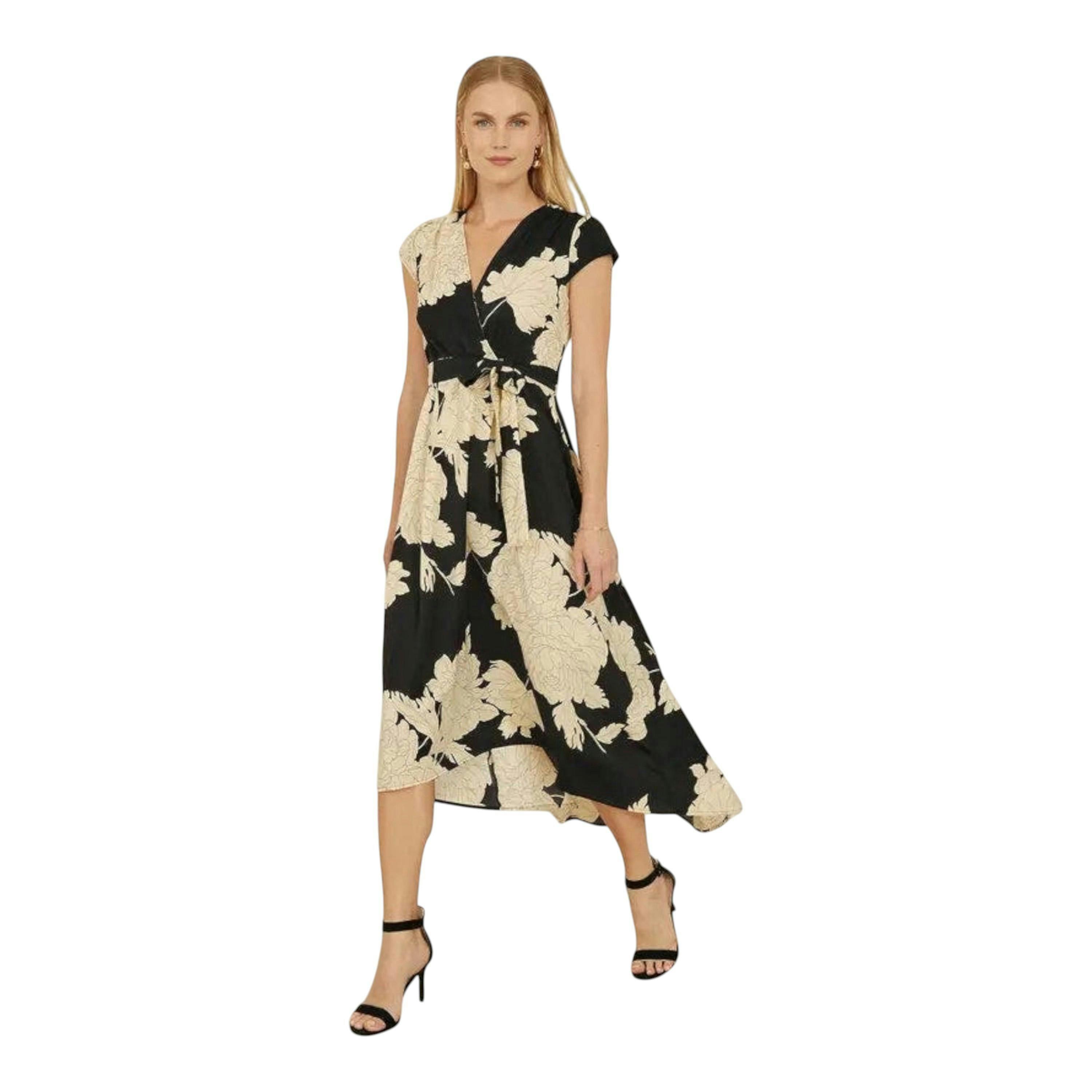 Yumi Black Blossom Print Wrap Midi With Dipped Hem , view 4 of 6