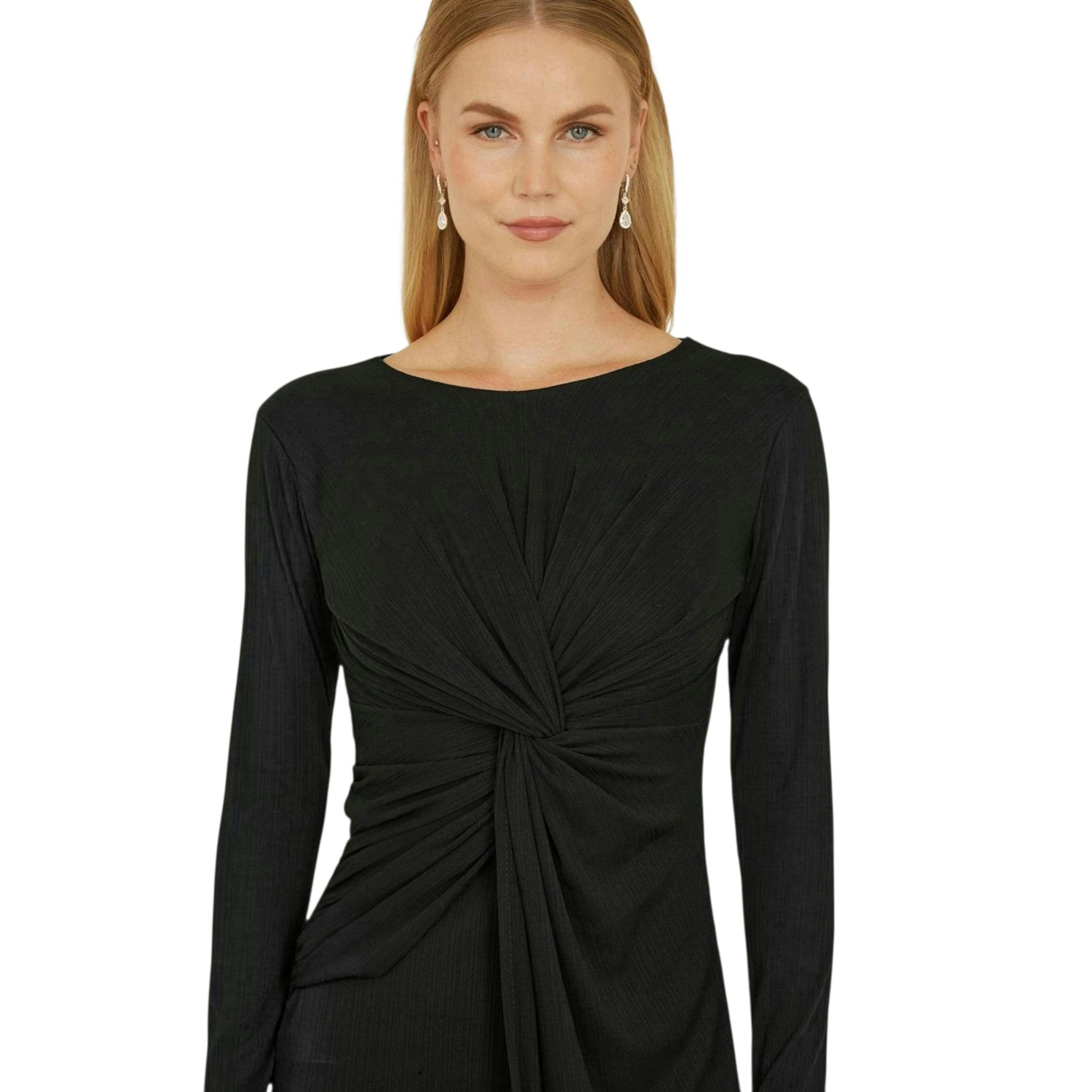 Yumi Black Midi Fitted Stretch Dress With Knot Detail , view 2 of 4