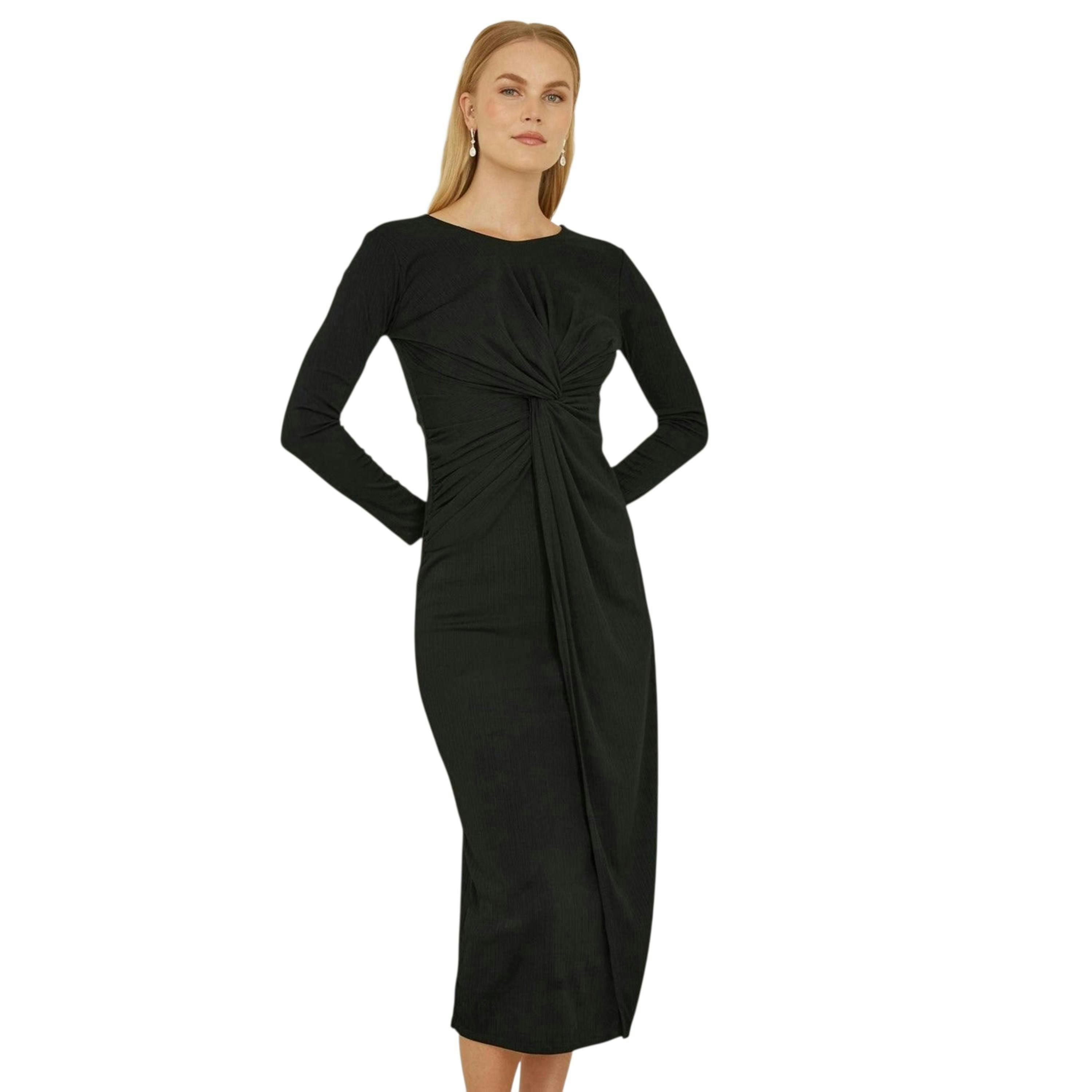 Yumi Black Midi Fitted Stretch Dress With Knot Detail , view 3 of 4