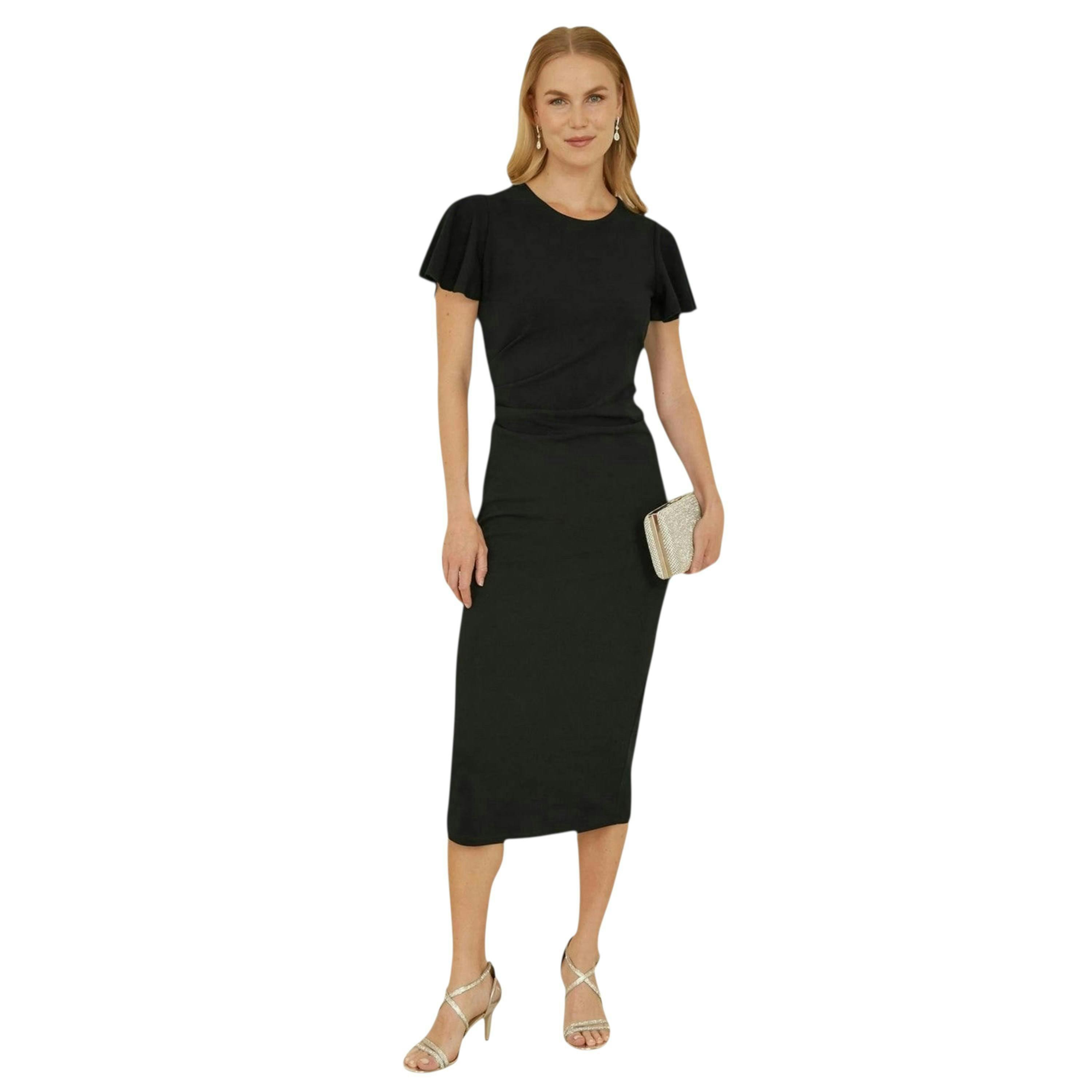 Yumi Black Ruched Waist Stretch Midi Dress , view 3 of 6