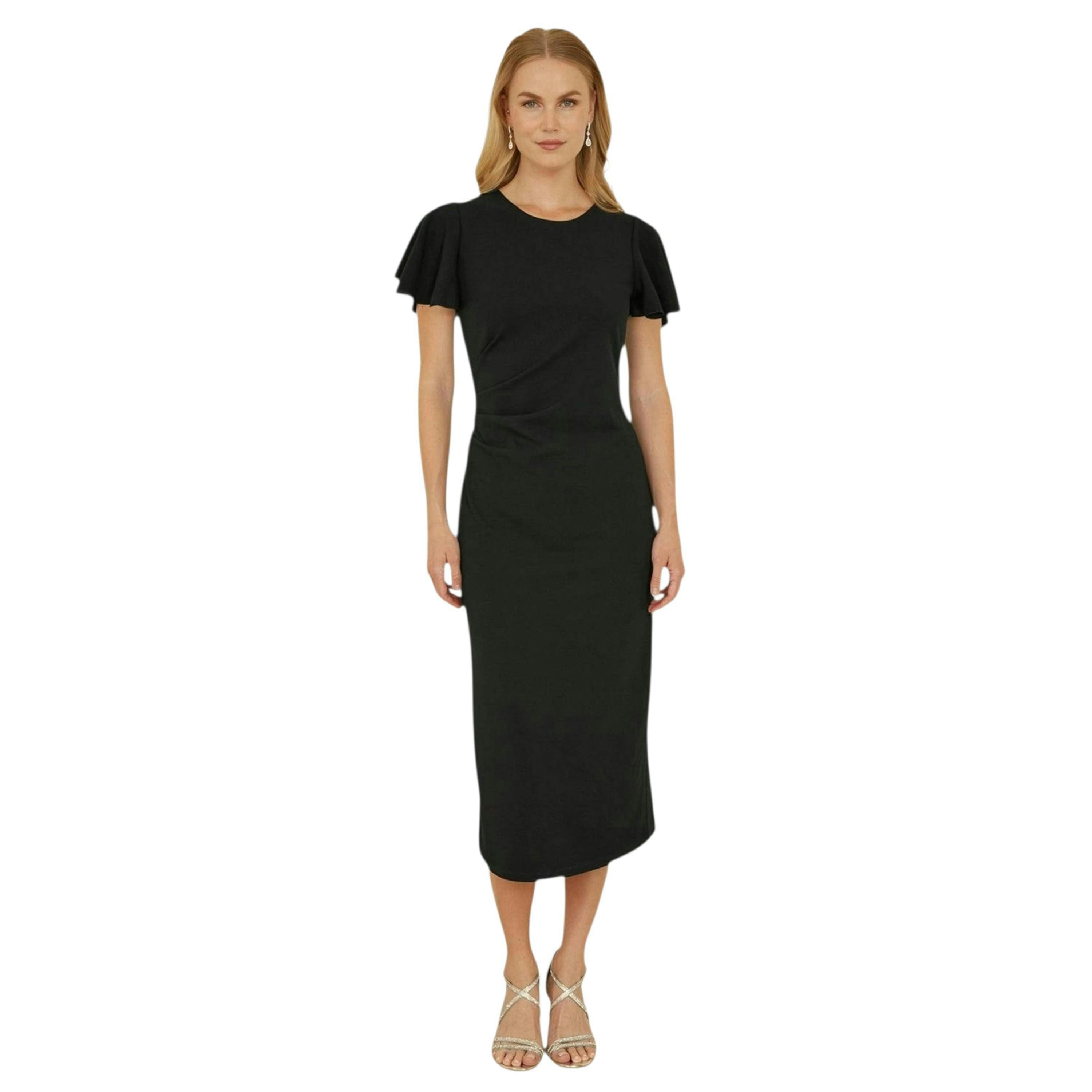 Yumi Black Ruched Waist Stretch Midi Dress , view 4 of 6