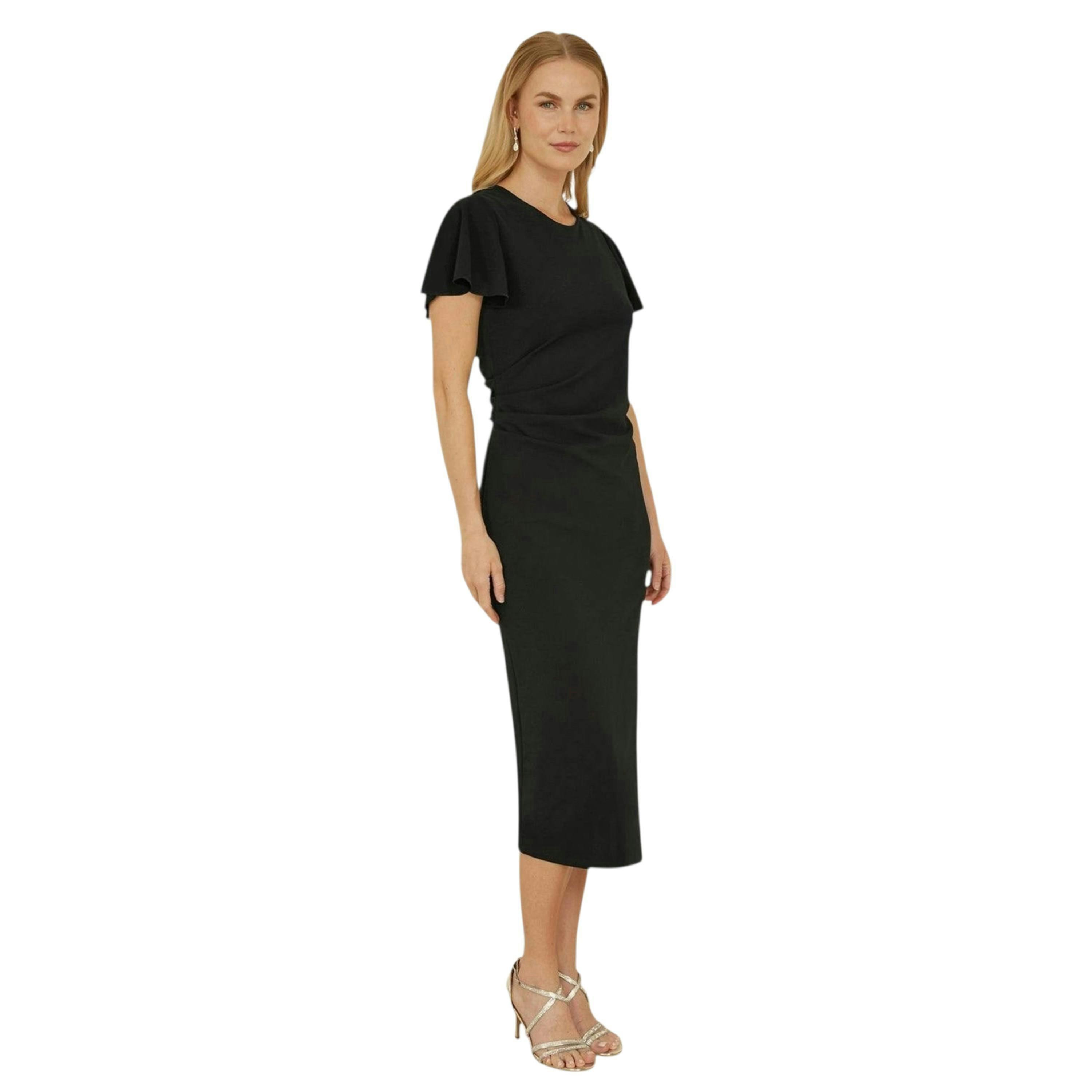 Yumi Black Ruched Waist Stretch Midi Dress , view 5 of 6