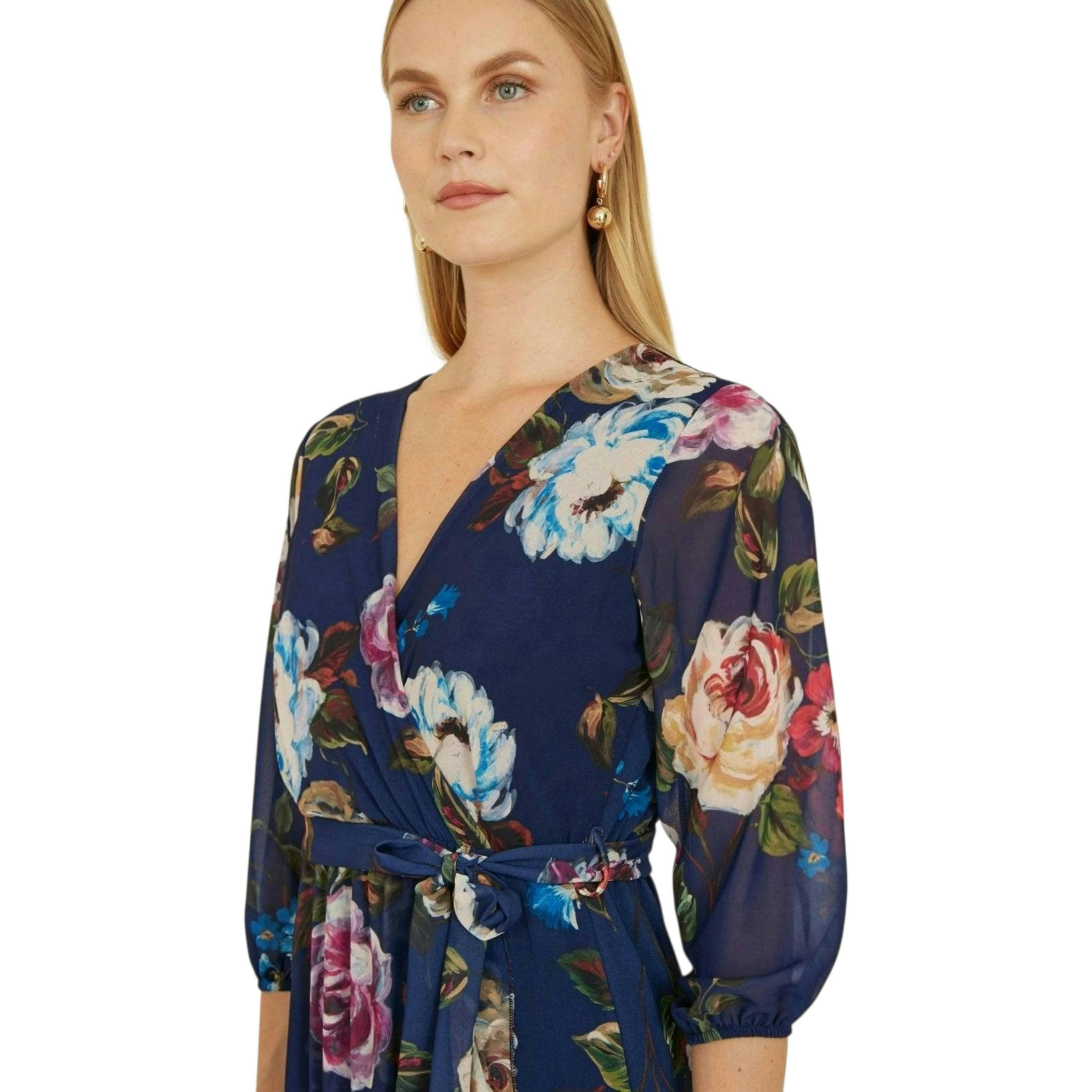 Yumi Navy Watercolour Dip Hem Midi Wrap Dress , view 2 of 6