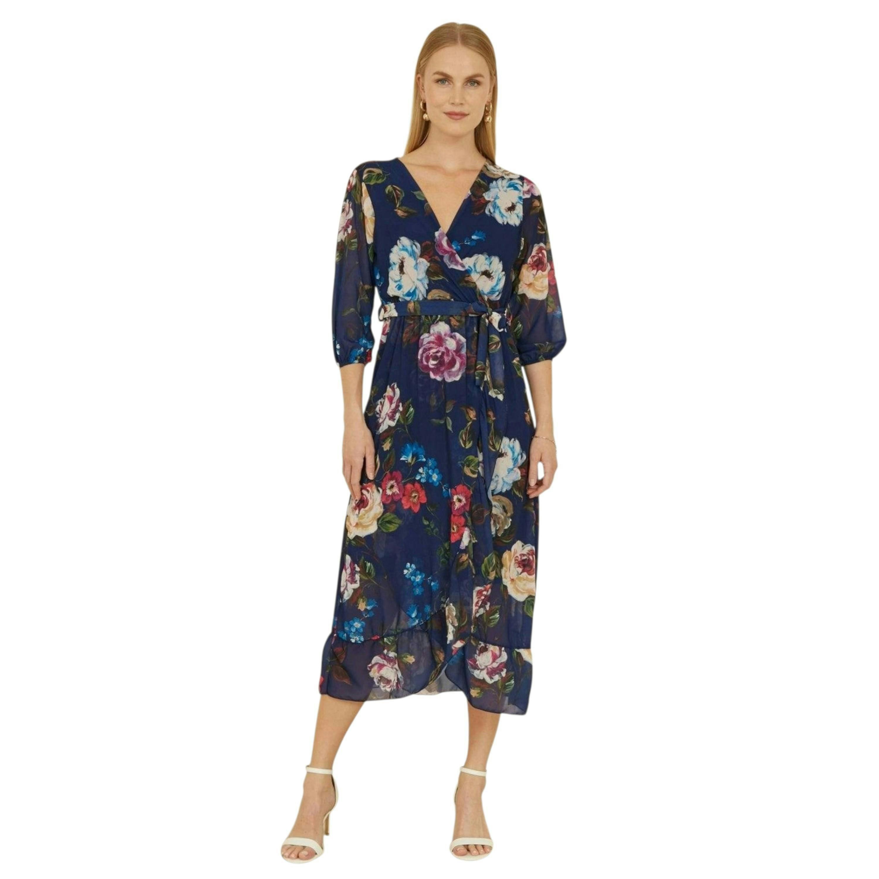 Yumi Navy Watercolour Dip Hem Midi Wrap Dress , view 3 of 6