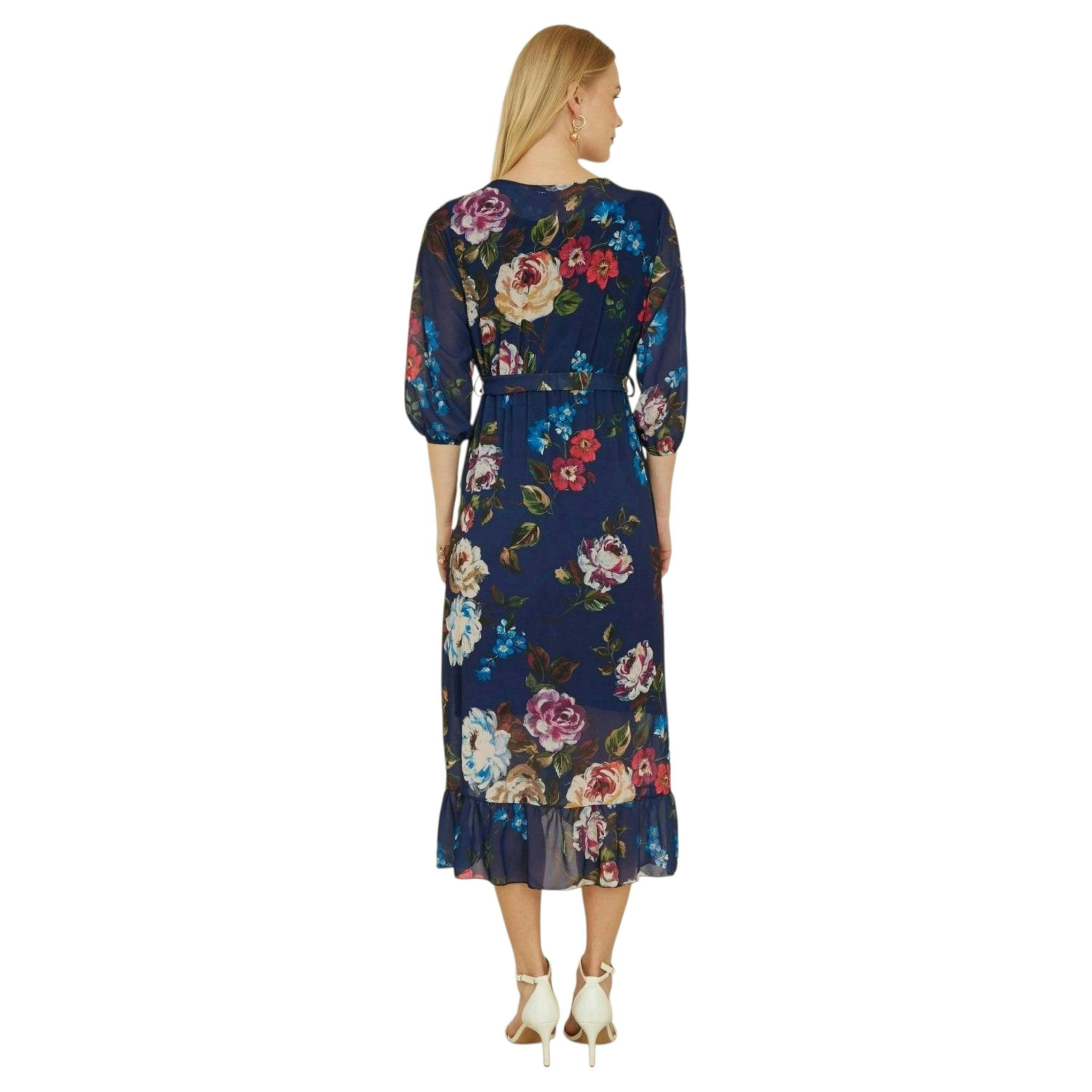 Yumi Navy Watercolour Dip Hem Midi Wrap Dress , view 4 of 6