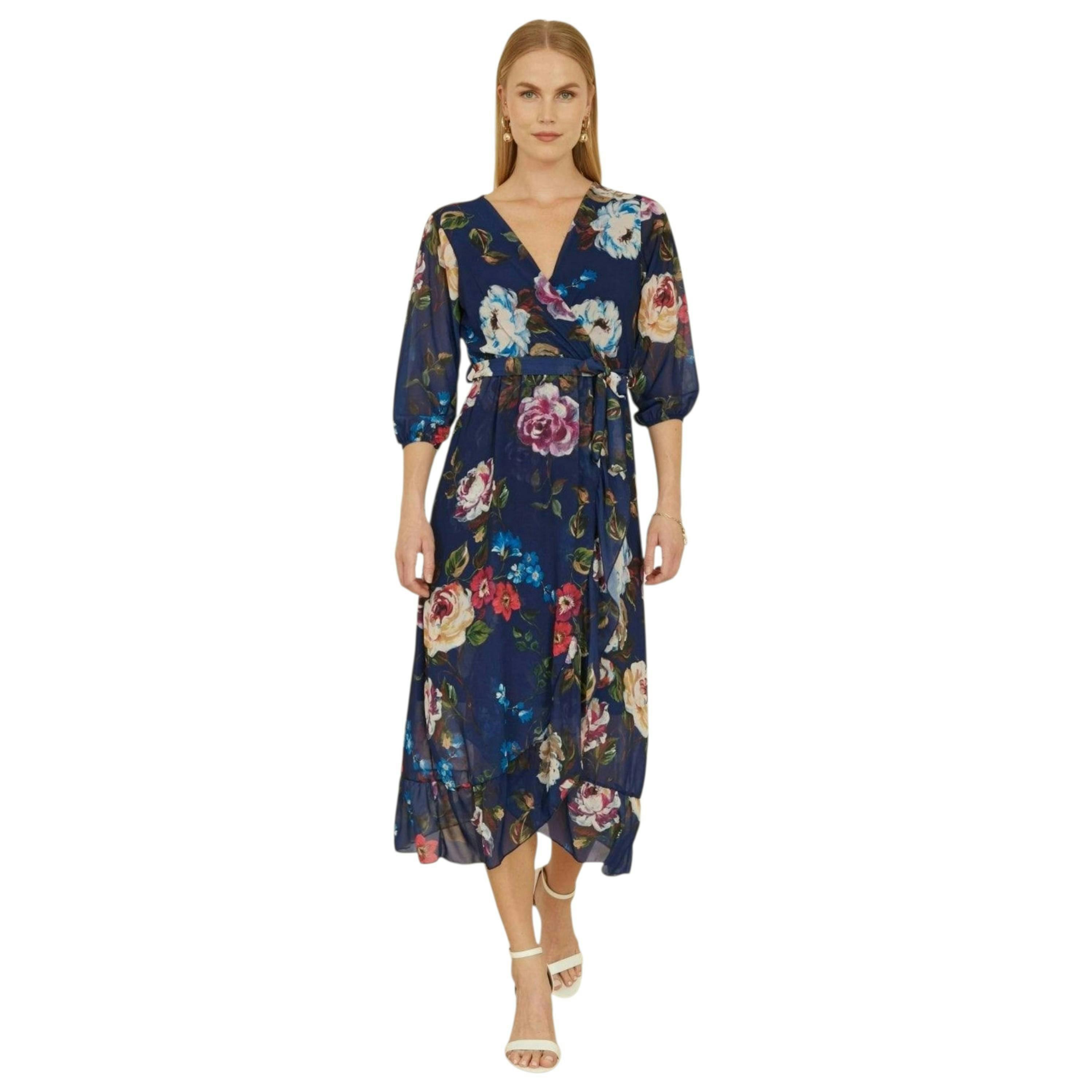 Yumi Navy Watercolour Dip Hem Midi Wrap Dress , view 5 of 6