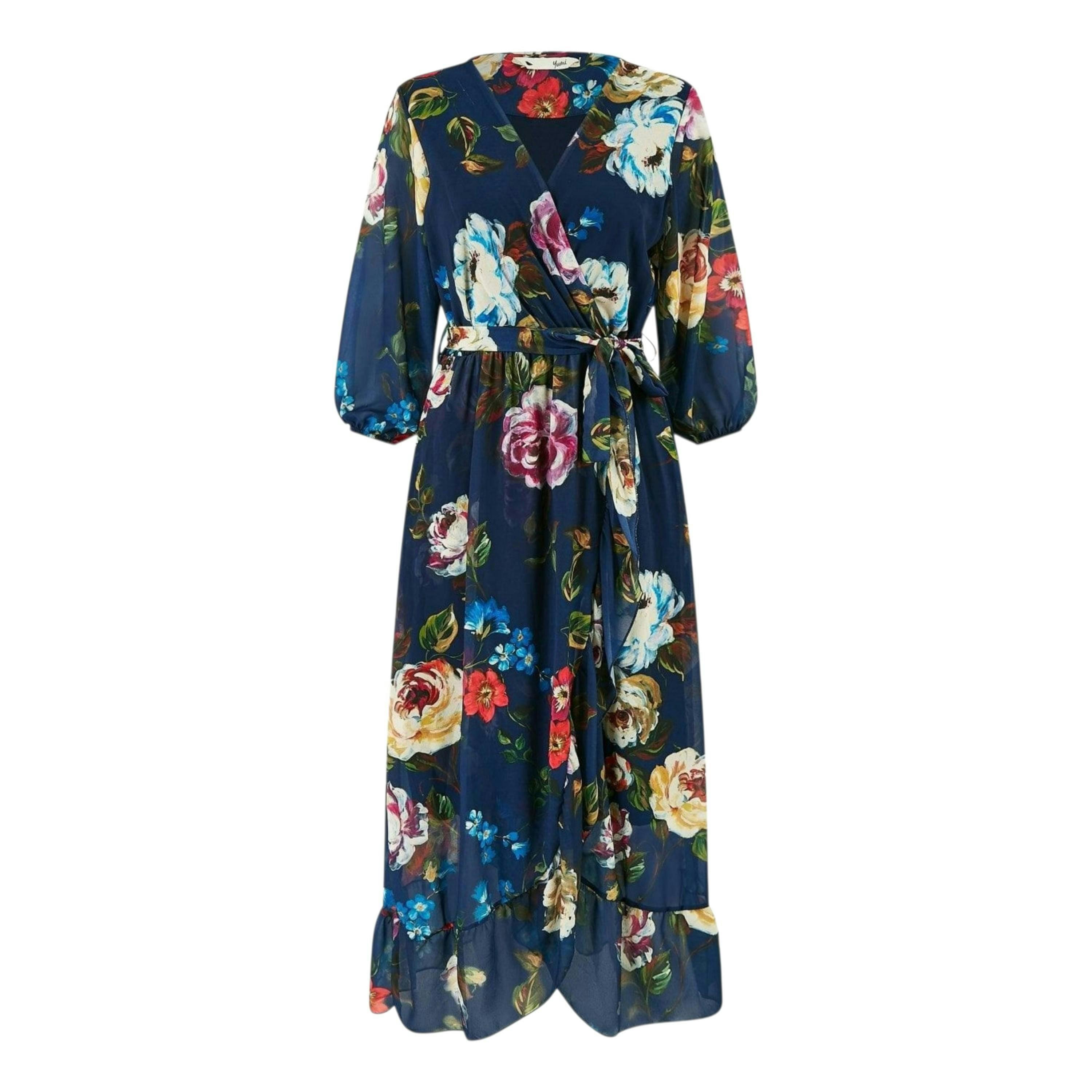 Yumi Navy Watercolour Dip Hem Midi Wrap Dress , view 6 of 6