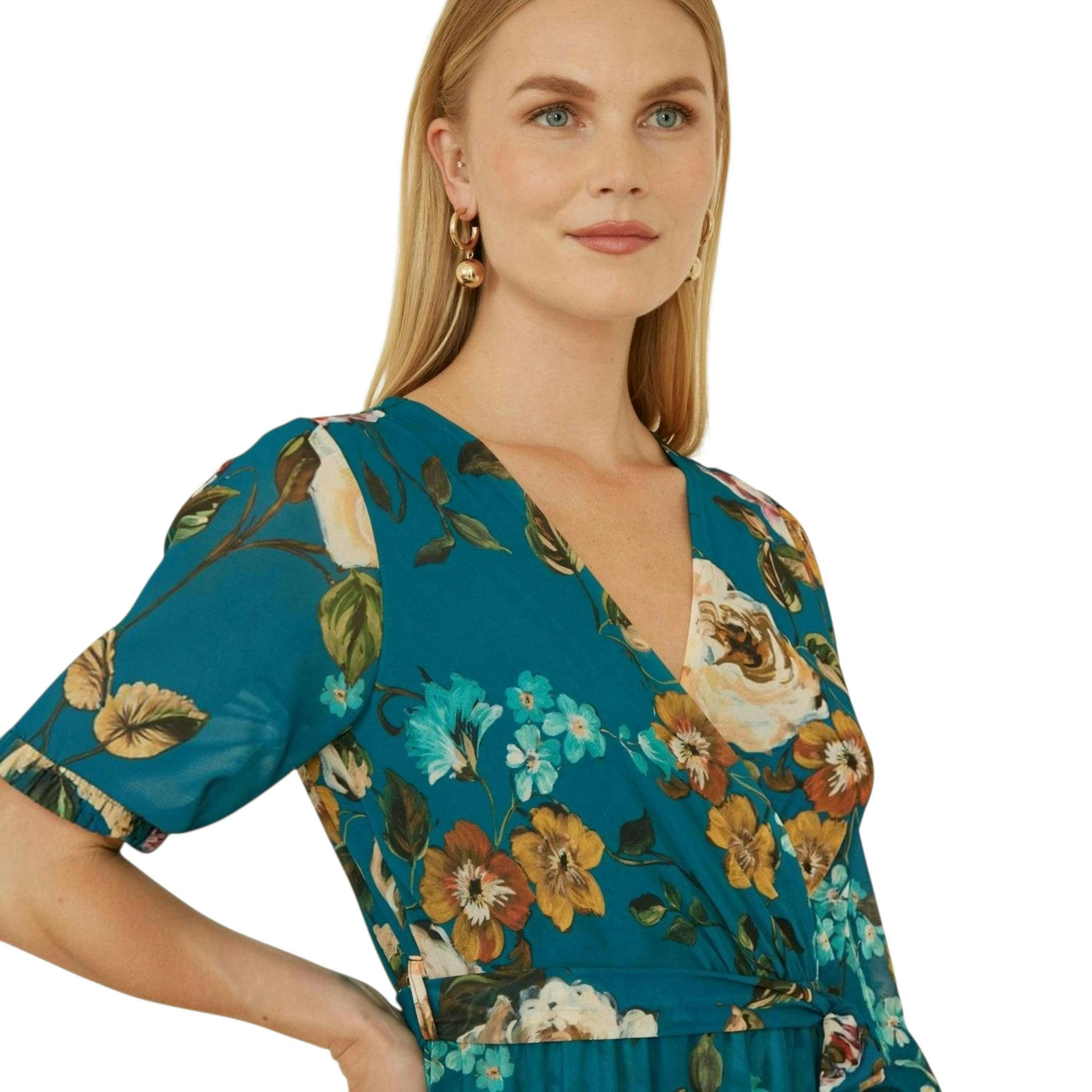 Yumi Teal Watercolour Dip Hem Midi Wrap Dress , view 2 of 6
