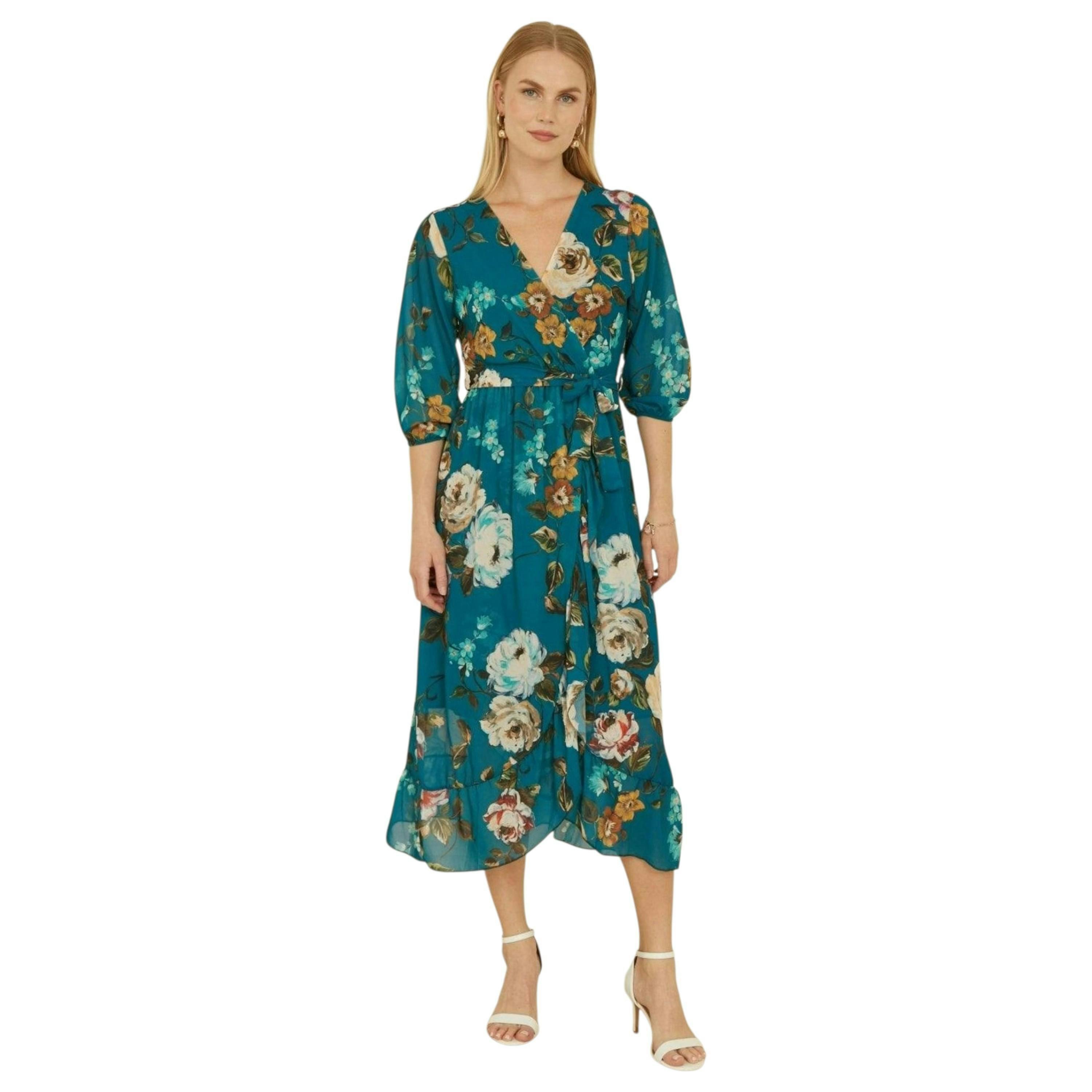 Yumi Teal Watercolour Dip Hem Midi Wrap Dress , view 3 of 6