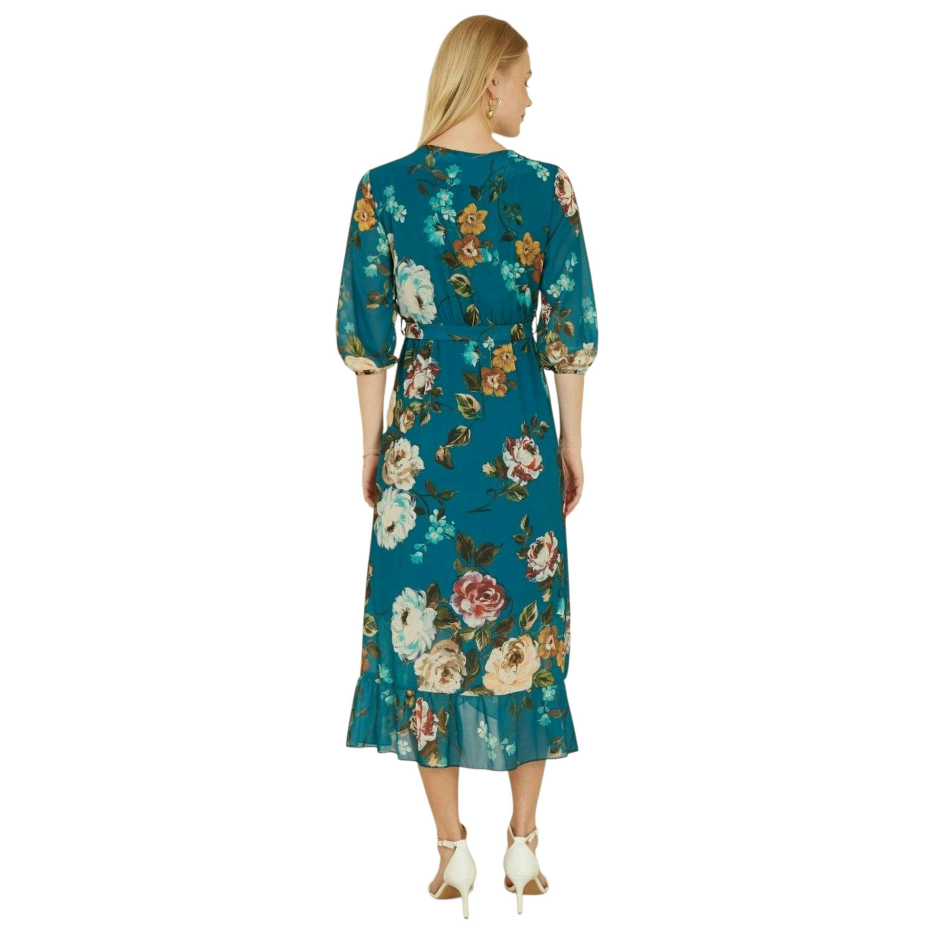 Yumi Teal Watercolour Dip Hem Midi Wrap Dress , view 4 of 6