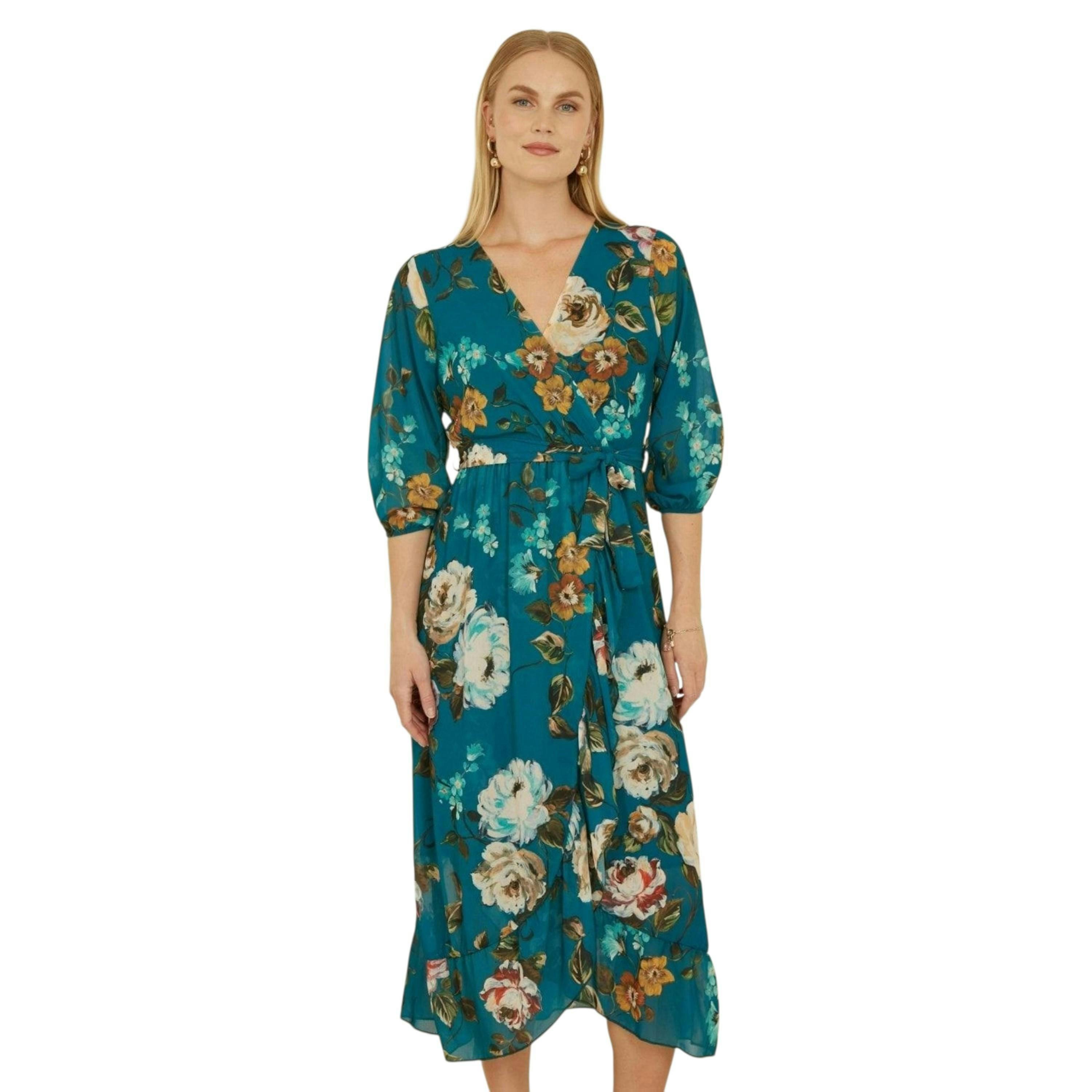 Yumi Teal Watercolour Dip Hem Midi Wrap Dress , view 5 of 6