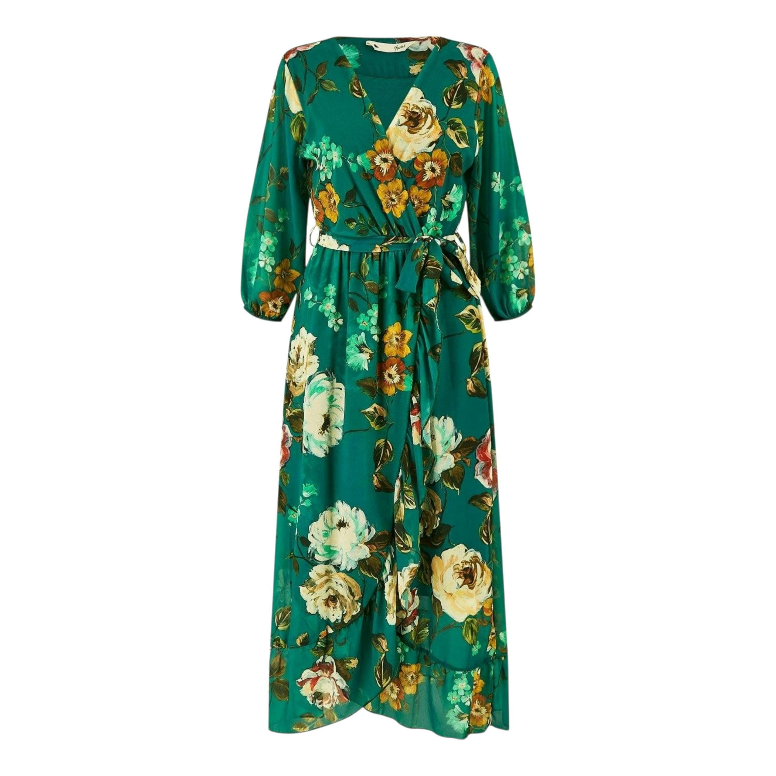 Yumi Teal Watercolour Dip Hem Midi Wrap Dress , view 6 of 6
