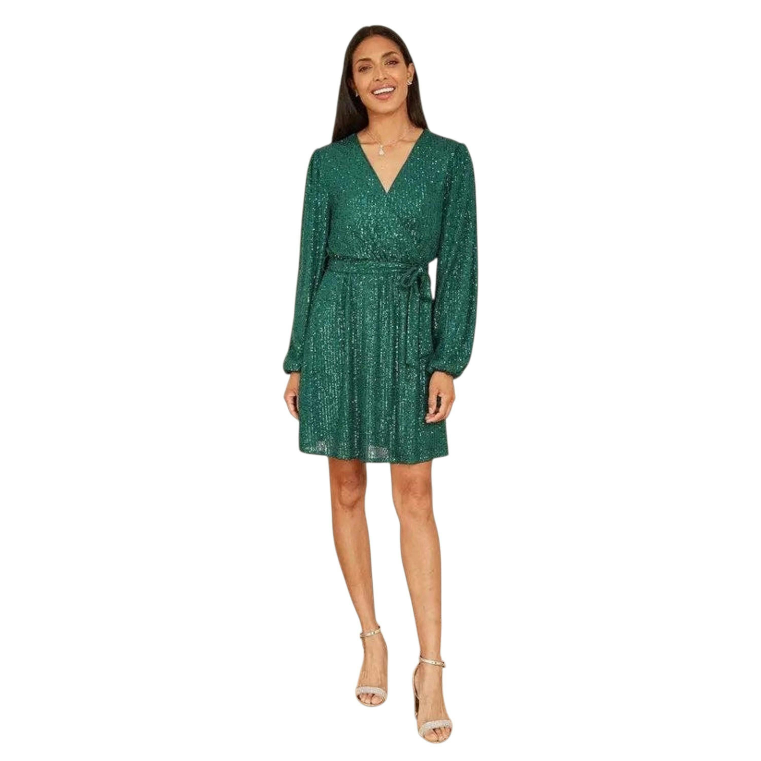 Mela Green Sequin Belted Wrap Long Sleeve Dress , view 2 of 6