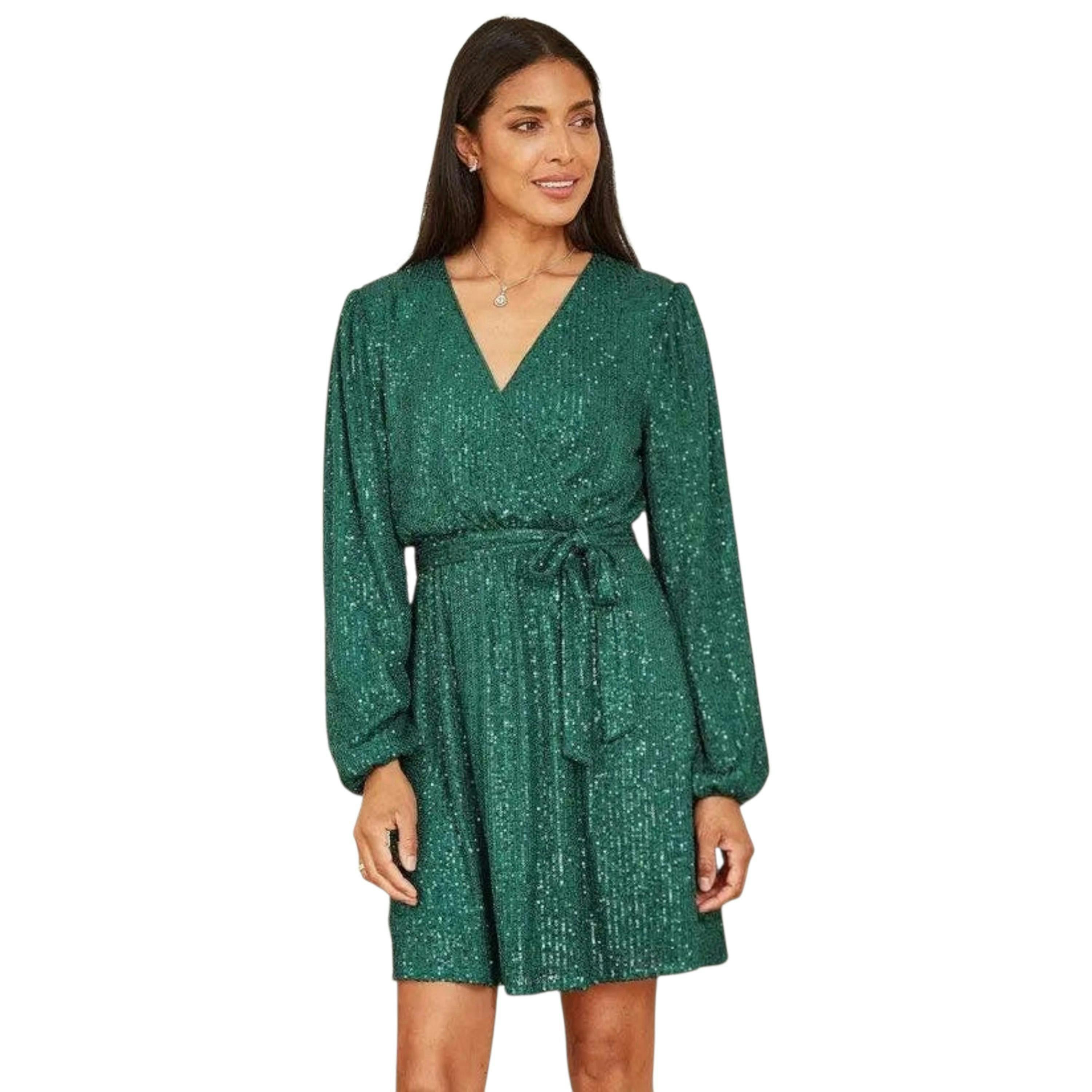 Mela Green Sequin Belted Wrap Long Sleeve Dress , view 3 of 6