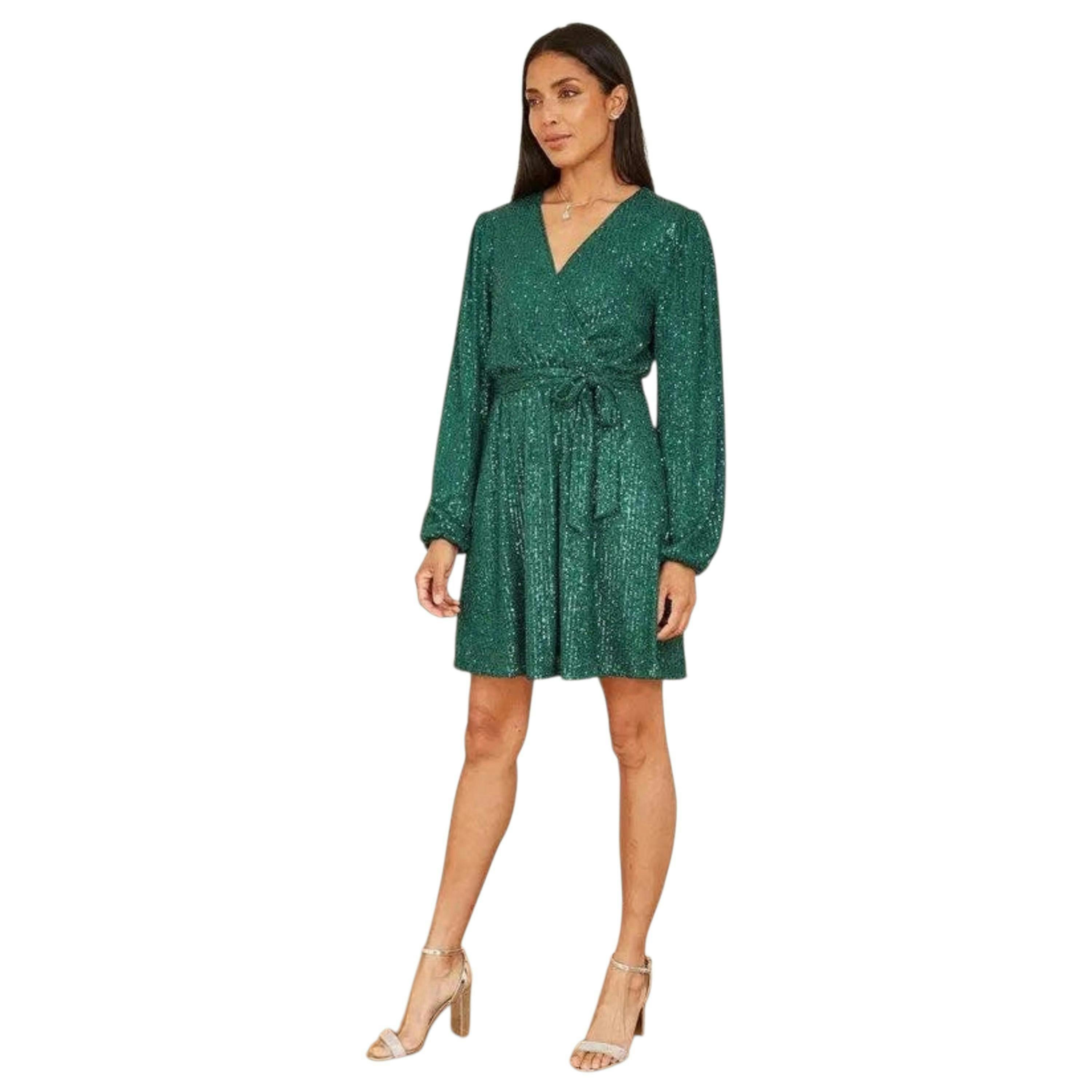 Mela Green Sequin Belted Wrap Long Sleeve Dress , view 4 of 6