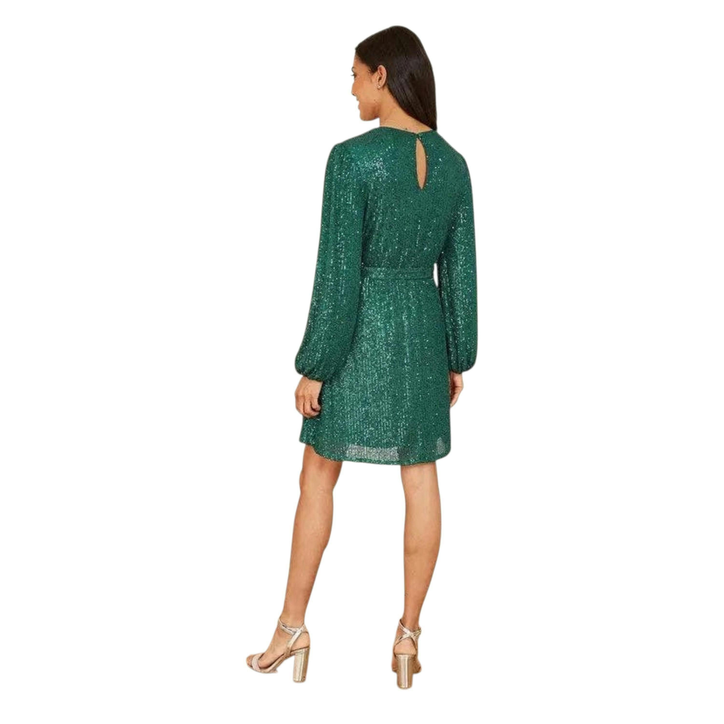 Mela Green Sequin Belted Wrap Long Sleeve Dress , view 5 of 6