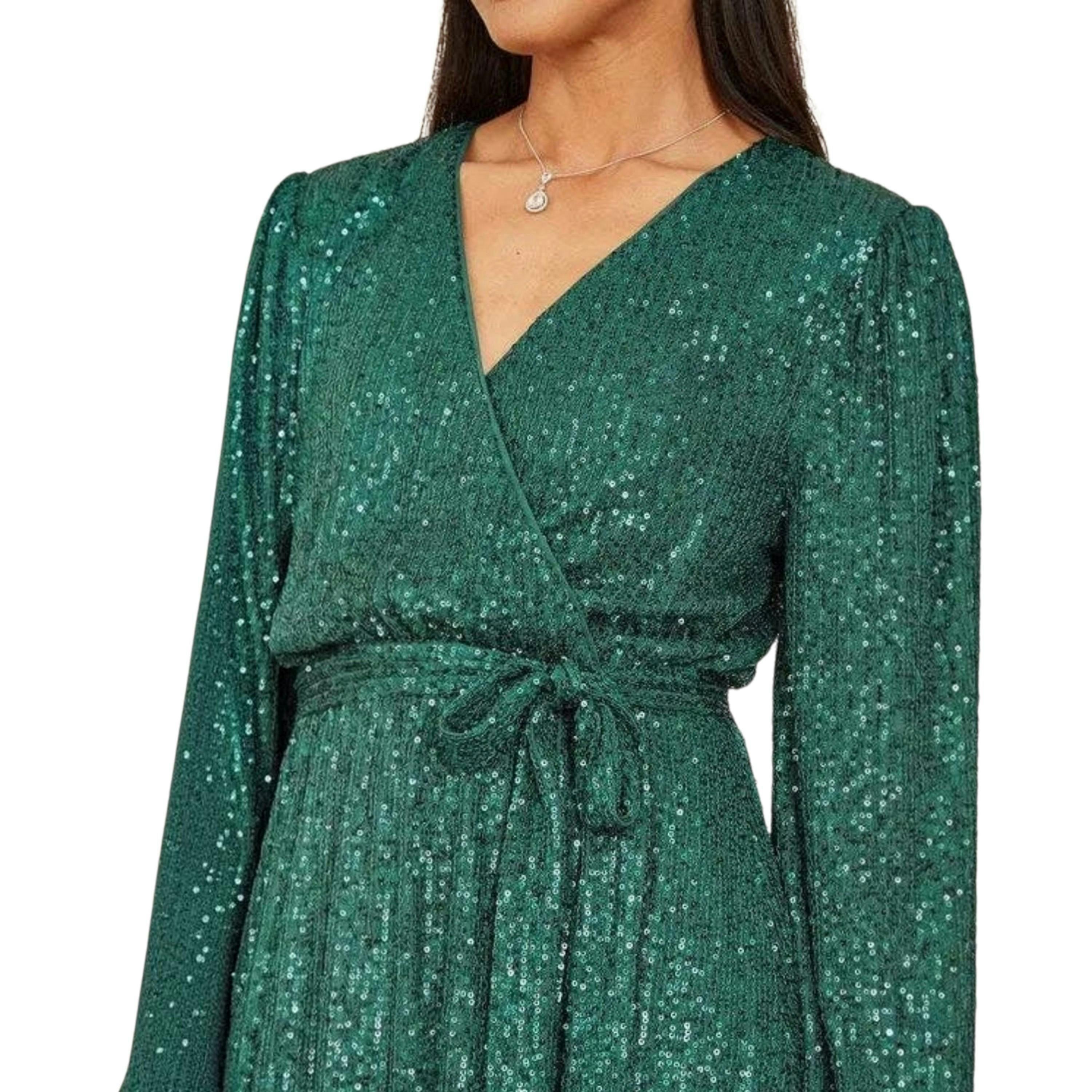 Mela Green Sequin Belted Wrap Long Sleeve Dress , view 6 of 6
