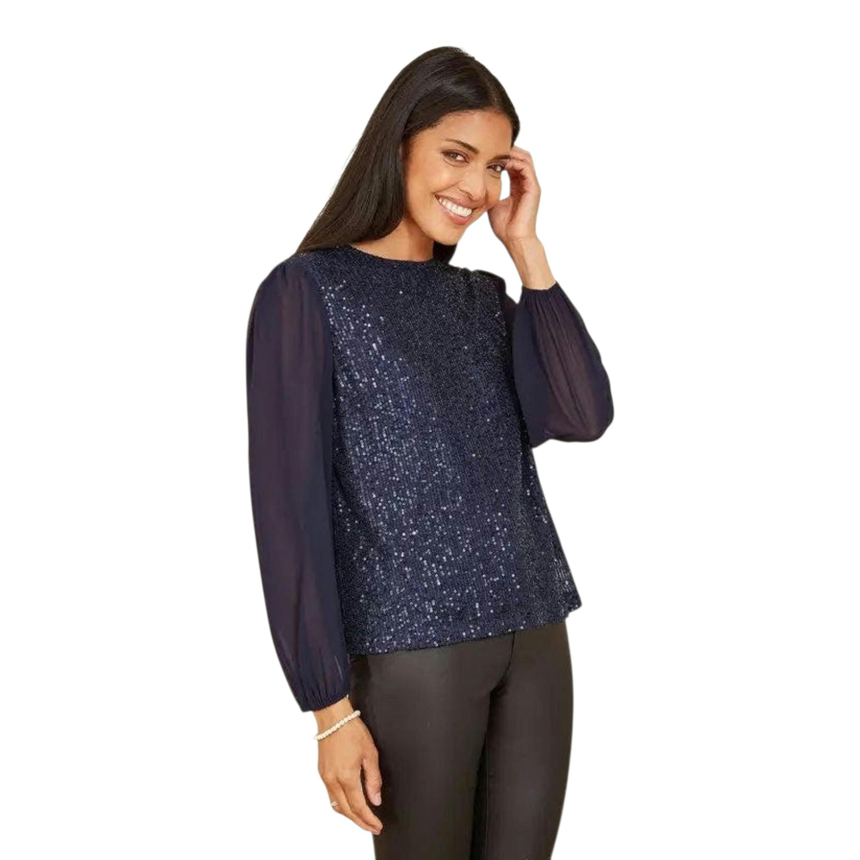 Yumi Navy Sequin Top With Sheer Sleeves , view 2 of 5
