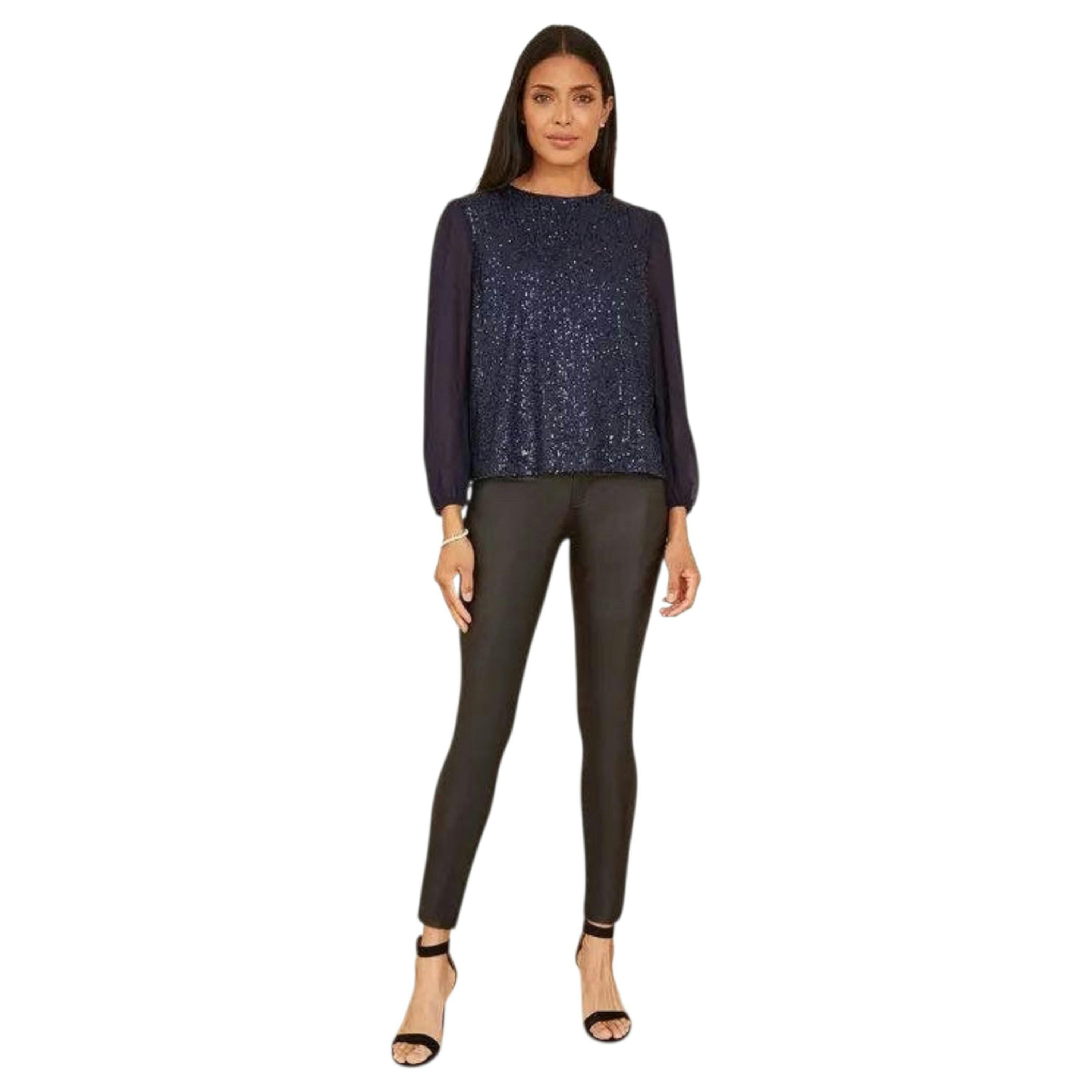 Yumi Navy Sequin Top With Sheer Sleeves , view 3 of 5