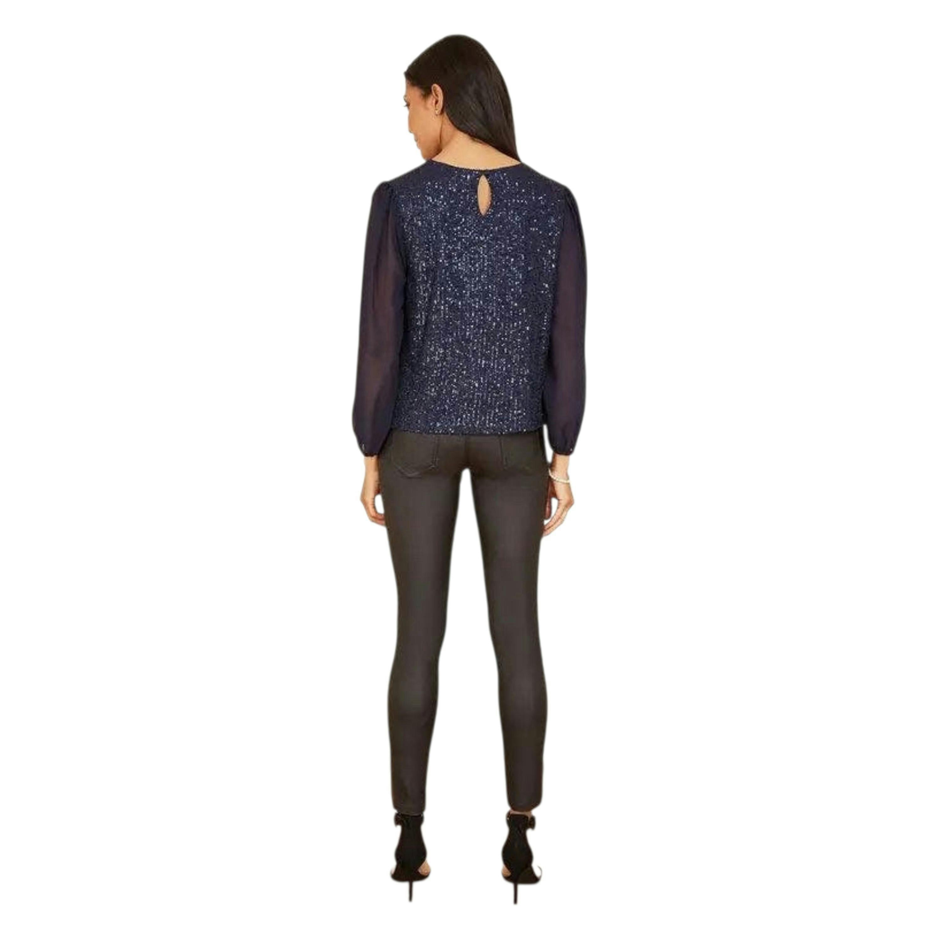 Yumi Navy Sequin Top With Sheer Sleeves , view 4 of 5