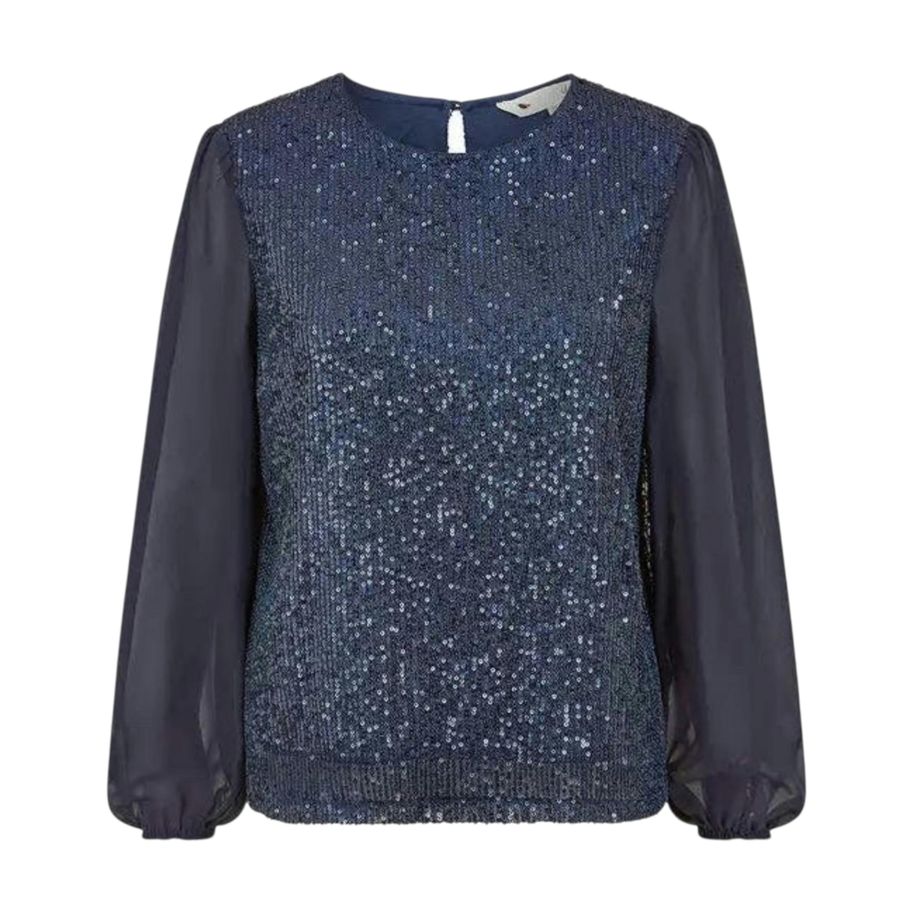 Yumi Navy Sequin Top With Sheer Sleeves , view 5 of 5