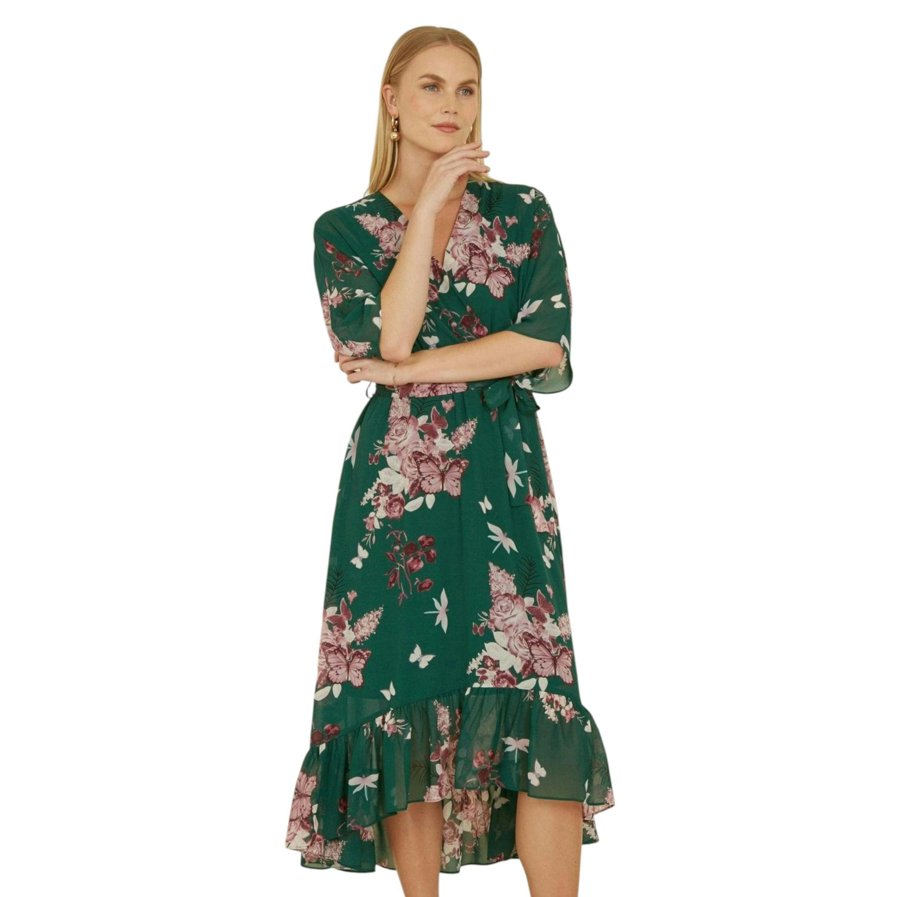 Yumi Green Floral Kimono Dipped Hem Dress , view 2 of 6