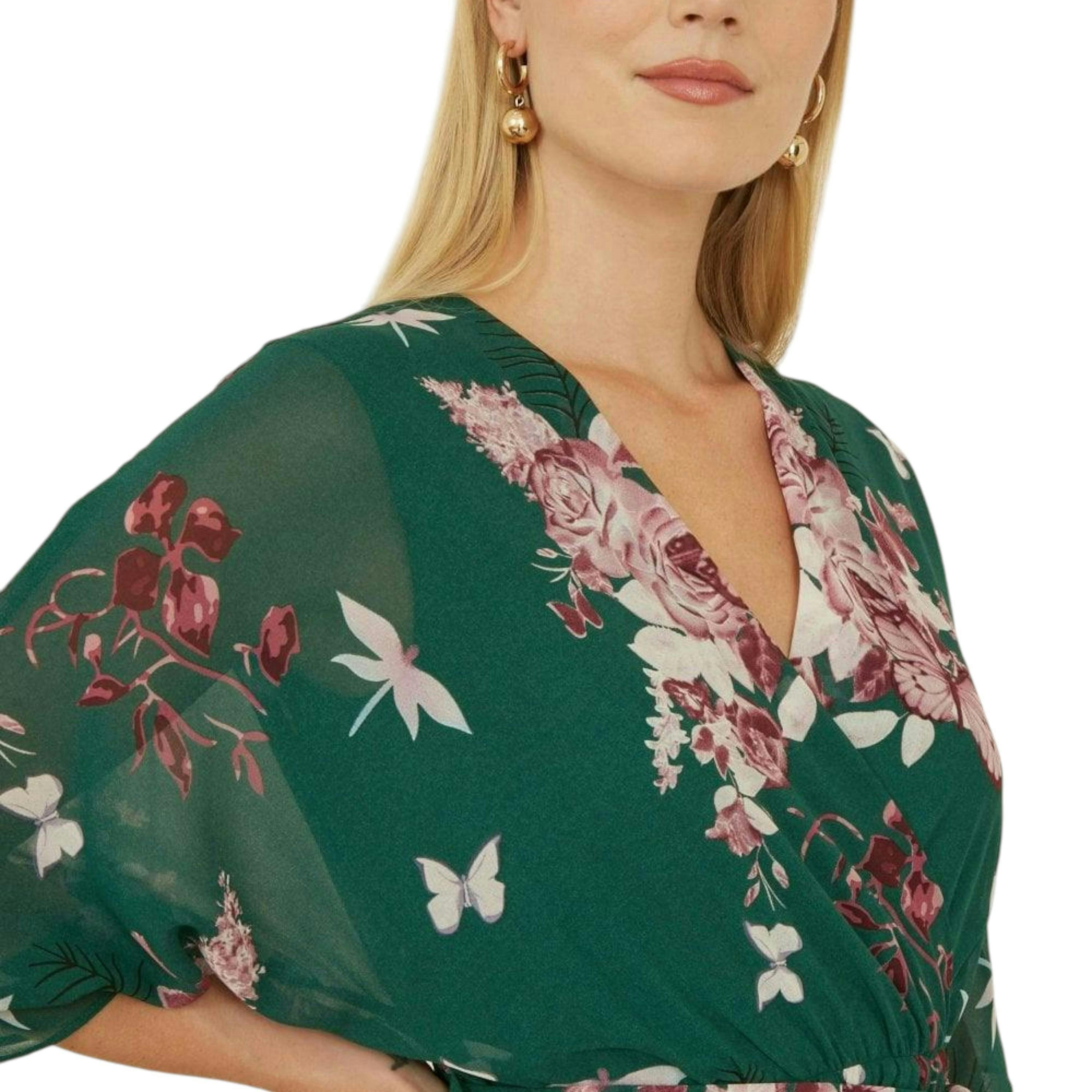 Yumi Green Floral Kimono Dipped Hem Dress , view 3 of 6