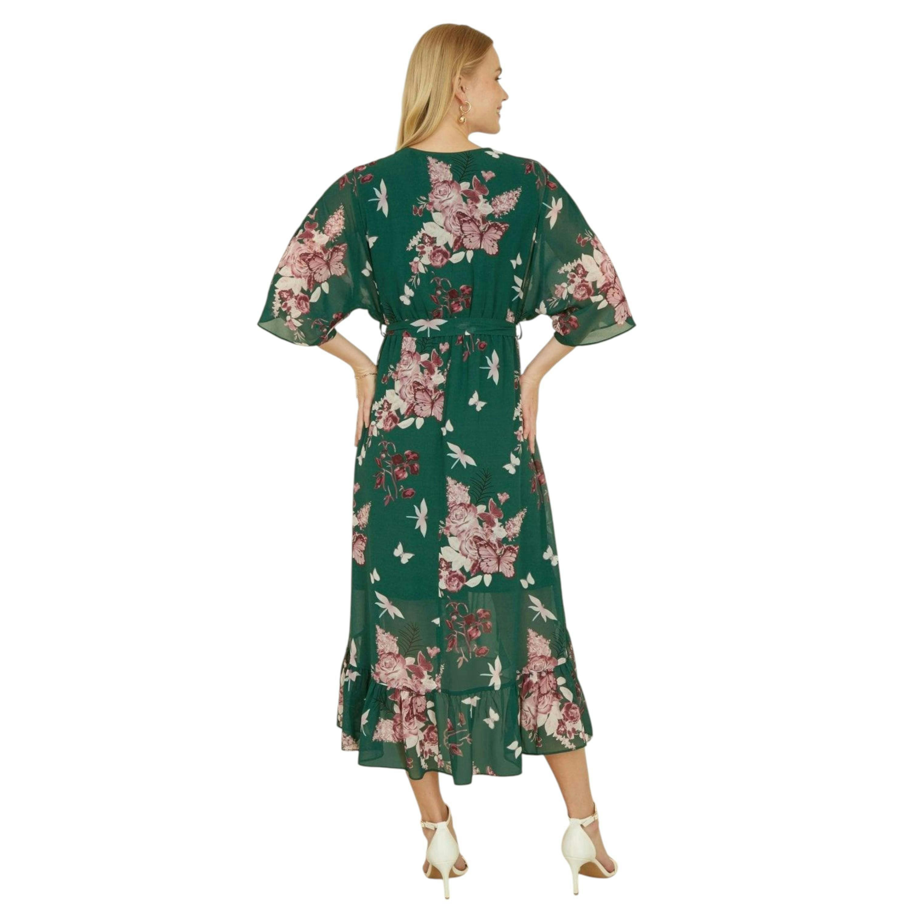 Yumi Green Floral Kimono Dipped Hem Dress , view 4 of 6