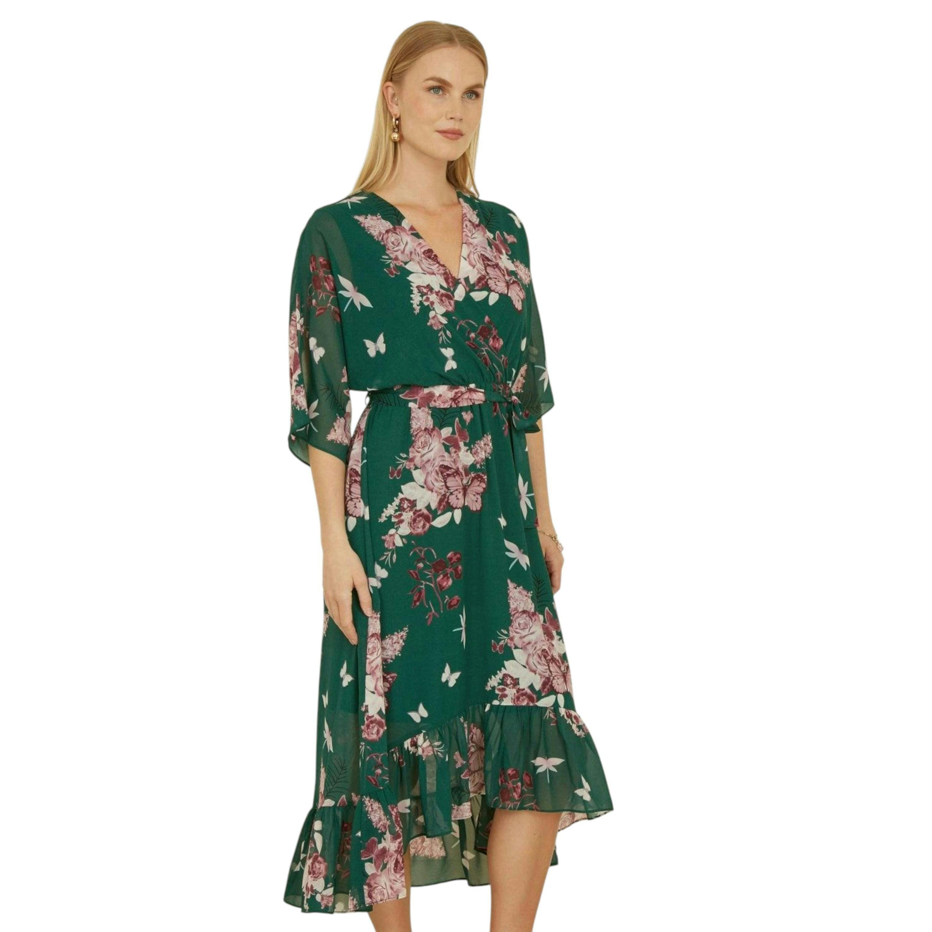 Yumi Green Floral Kimono Dipped Hem Dress , view 5 of 6