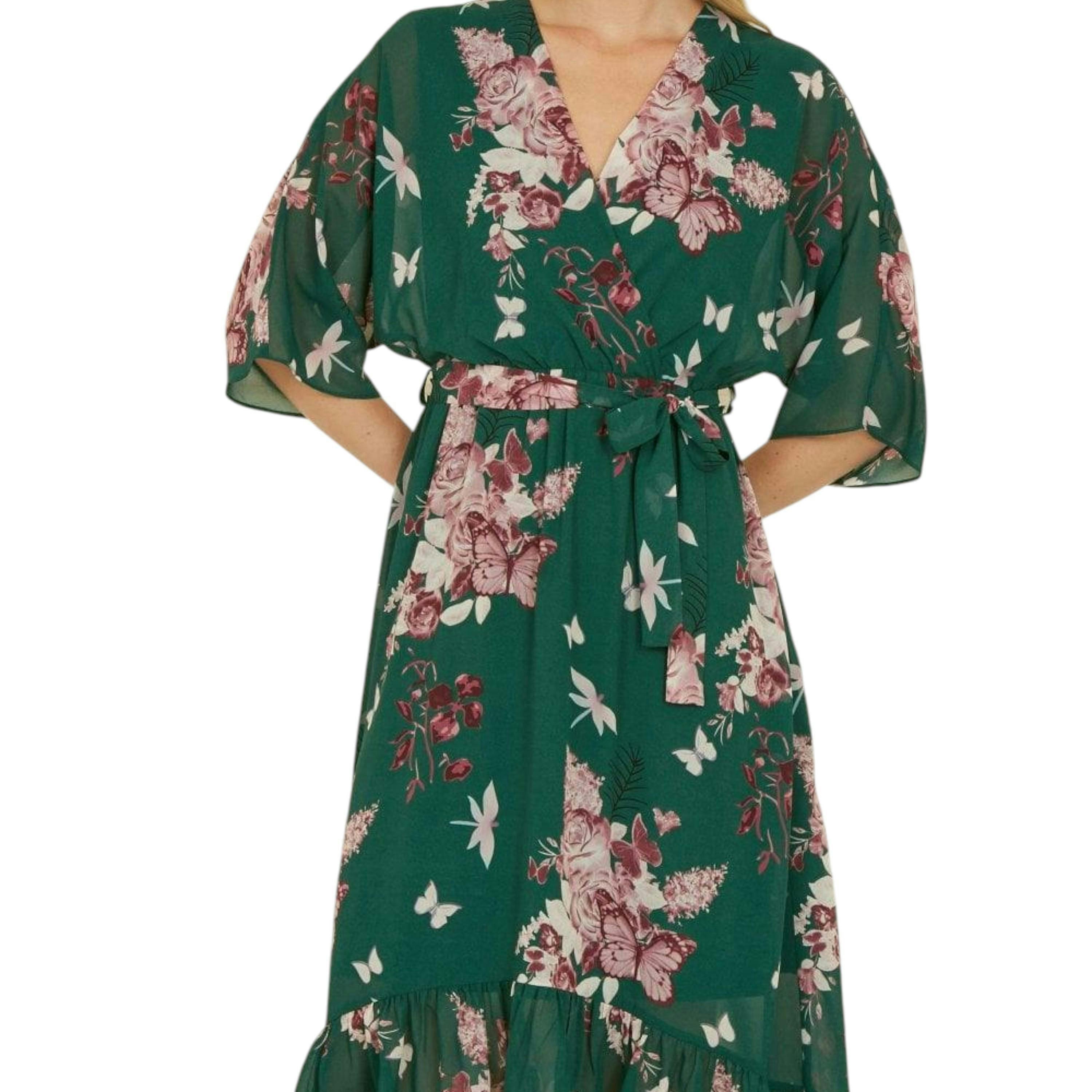 Yumi Green Floral Kimono Dipped Hem Dress , view 6 of 6
