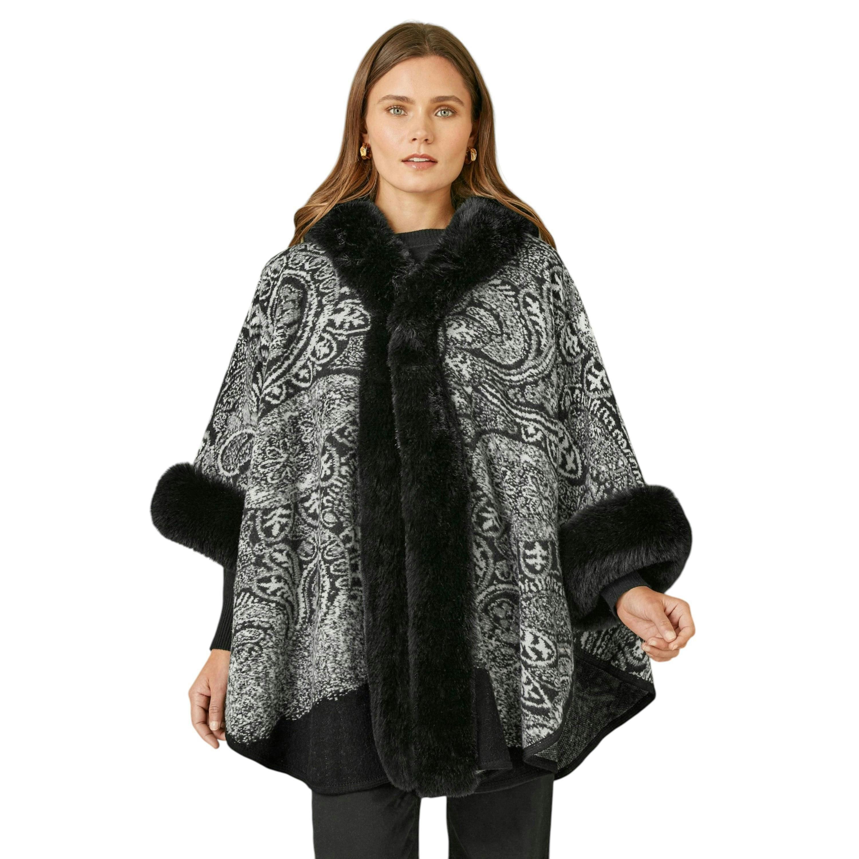 Yumi Black Faux Fur Trim Cape With Paisley Print , view 1 of 1