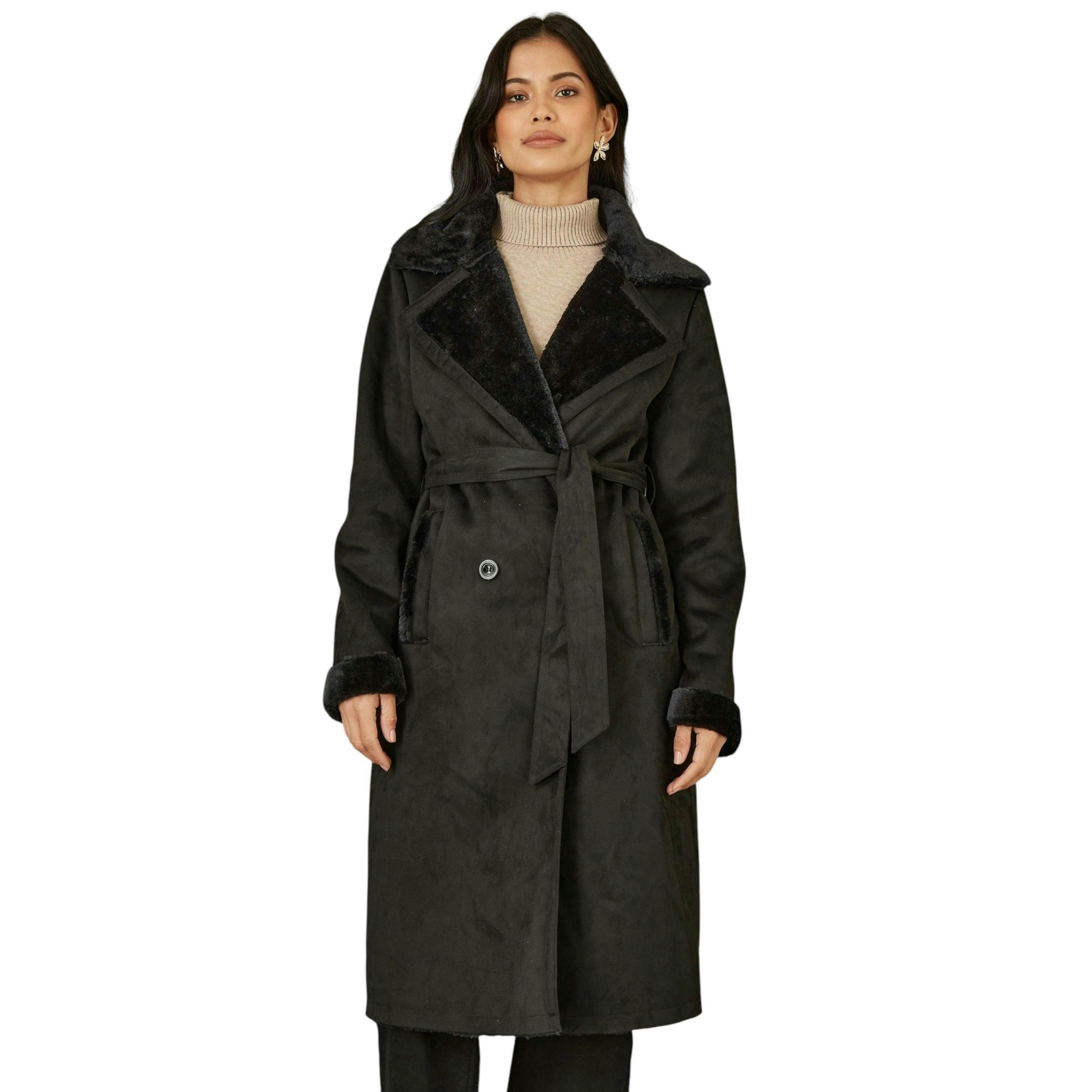 Yumi Black Trench Coat With Faux Fur Lining , view 1 of 4