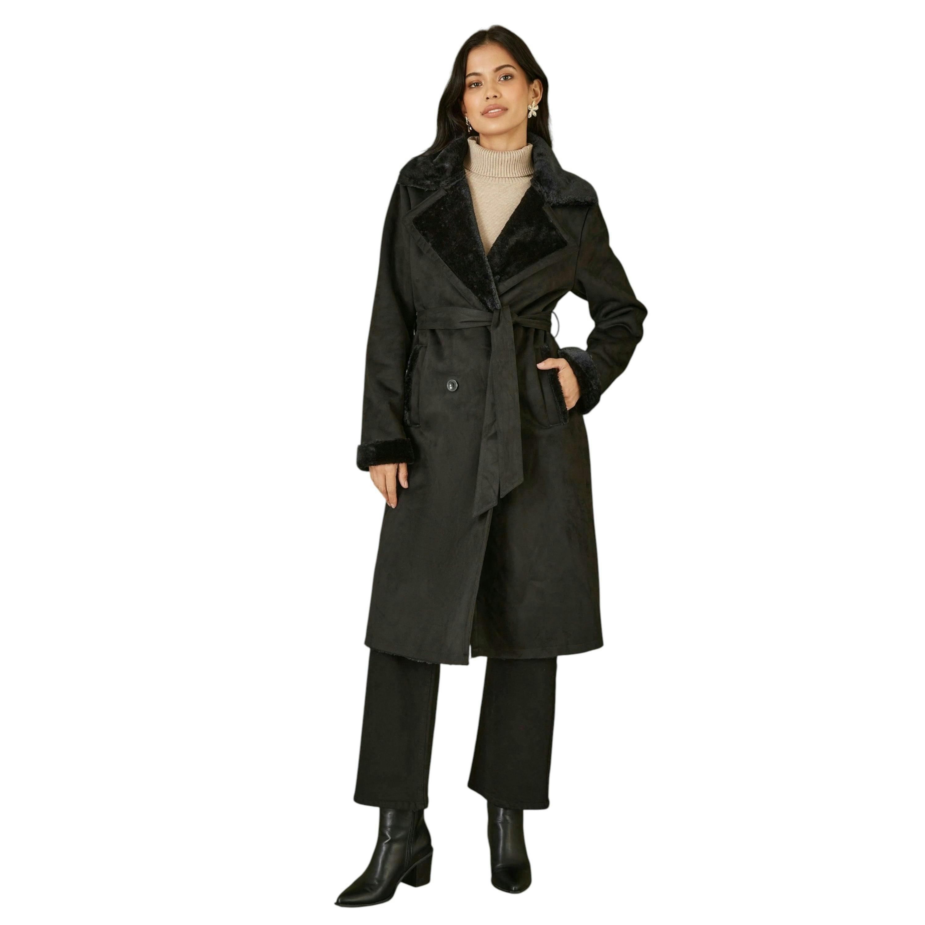 Yumi Black Trench Coat With Faux Fur Lining , view 2 of 4