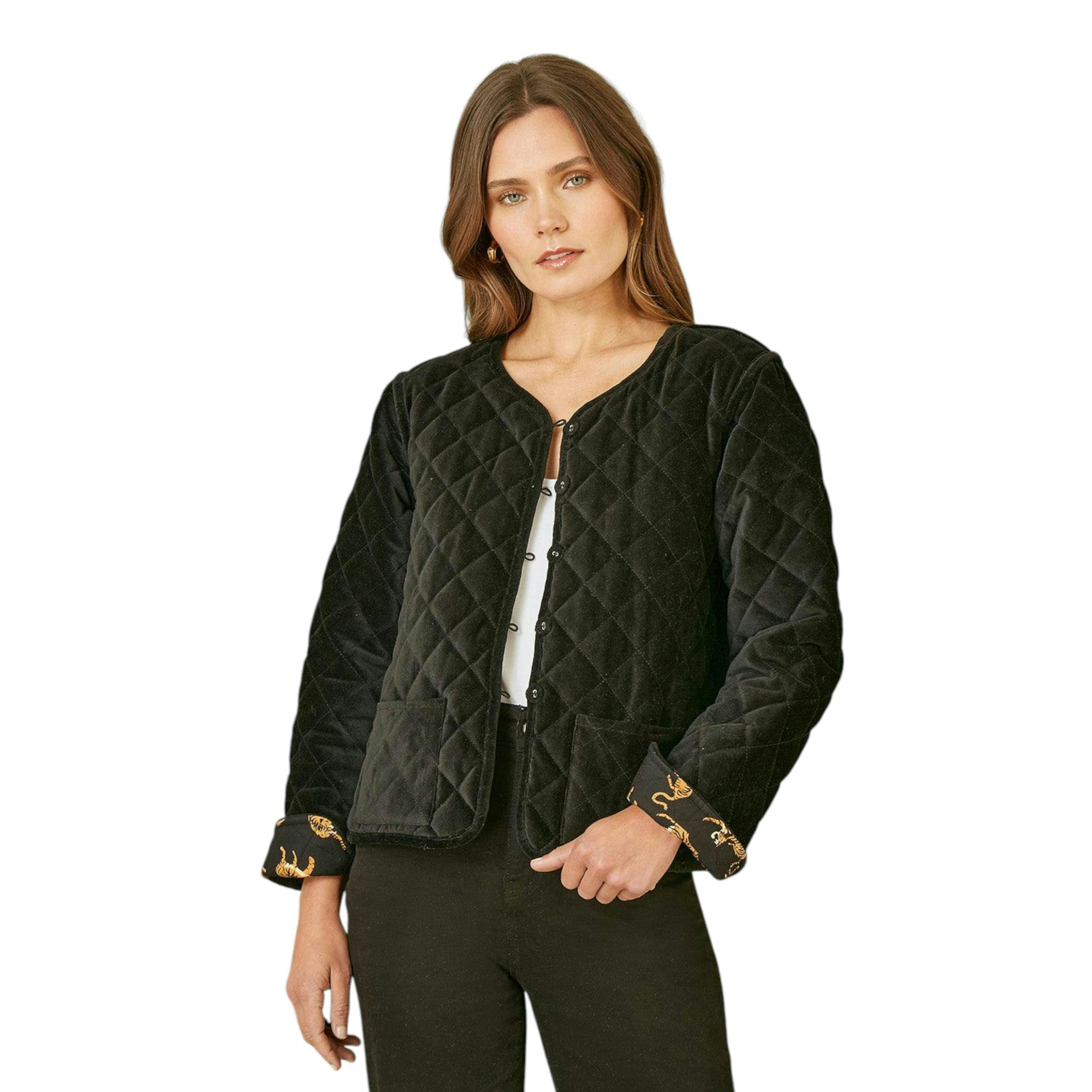 Yumi Black Velvet Quilted Jacket With Reversible Leopard Lining , view 1 of 5