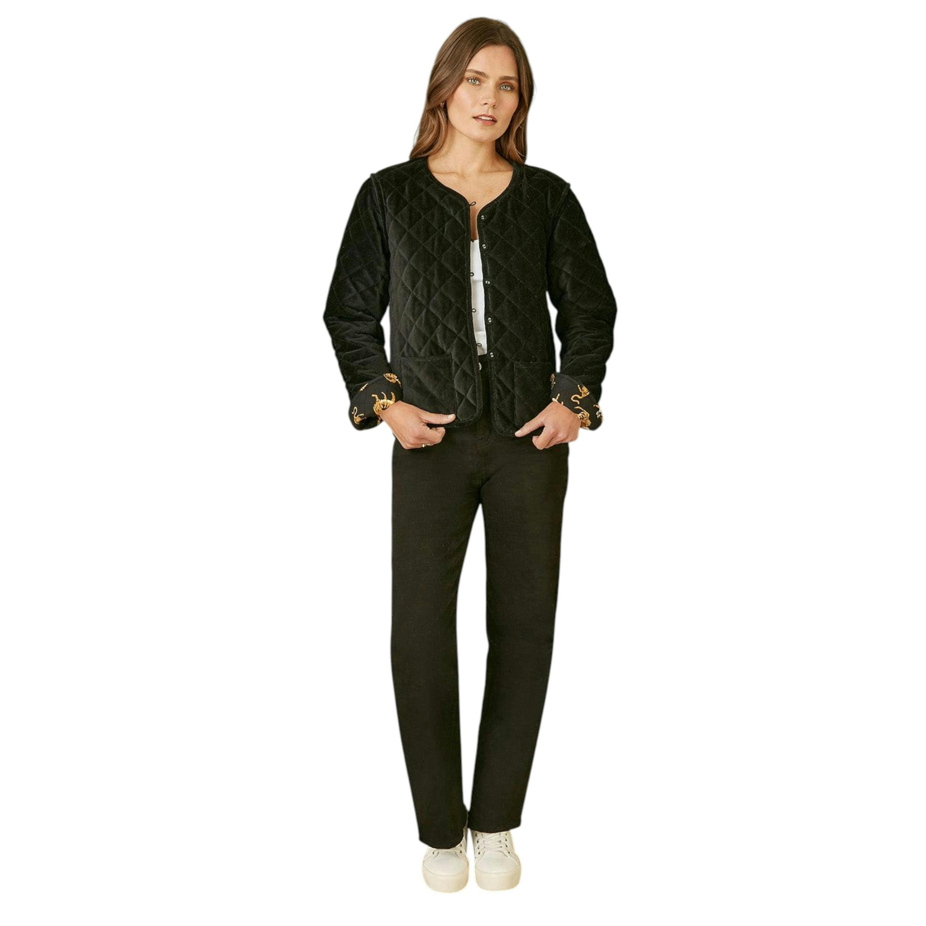 Yumi Black Velvet Quilted Jacket With Reversible Leopard Lining , view 2 of 5
