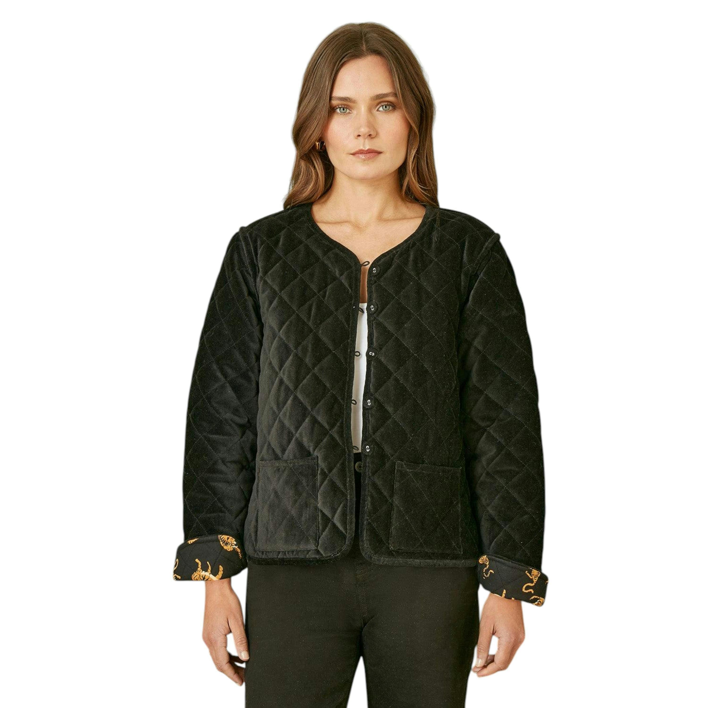 Yumi Black Velvet Quilted Jacket With Reversible Leopard Lining , view 4 of 5
