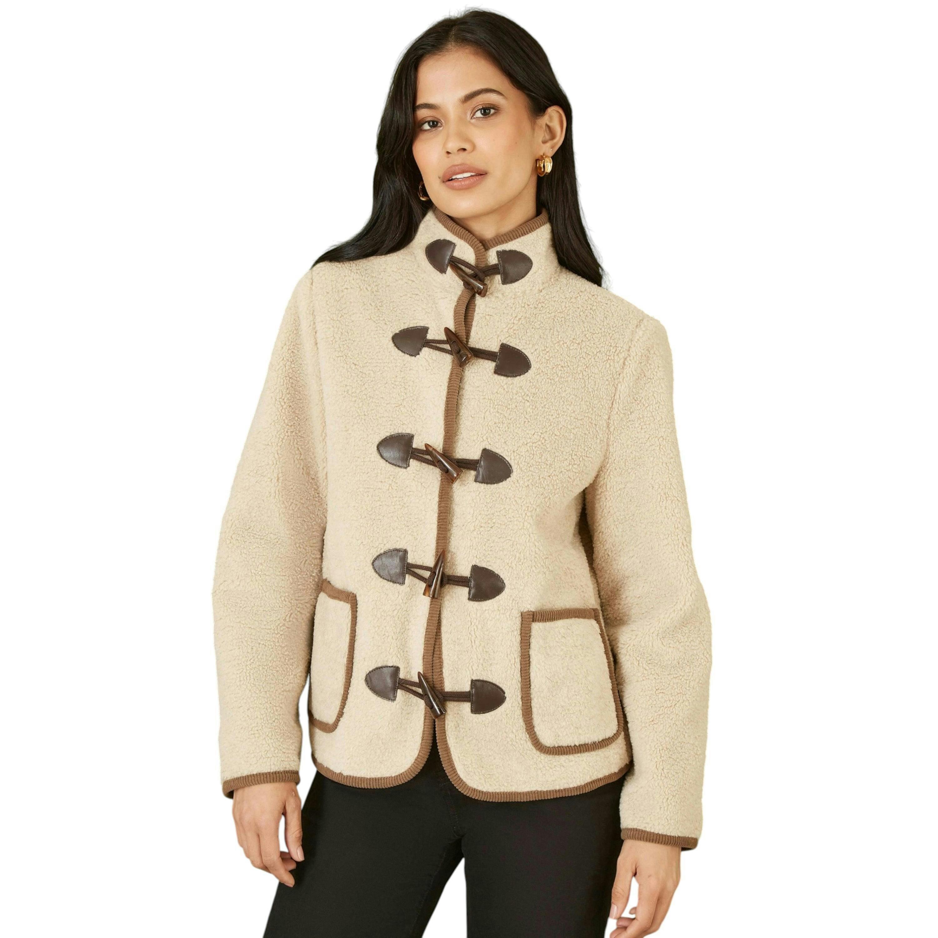 Yumi Cream Borg Jacket With Faux Leather Button Details , view 1 of 6
