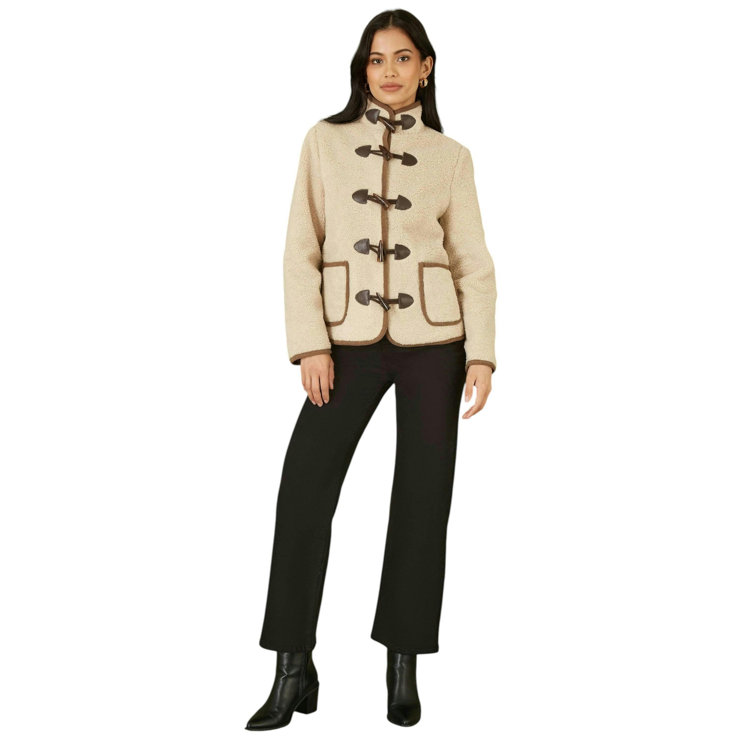 Yumi Cream Borg Jacket With Faux Leather Button Details , view 2 of 6