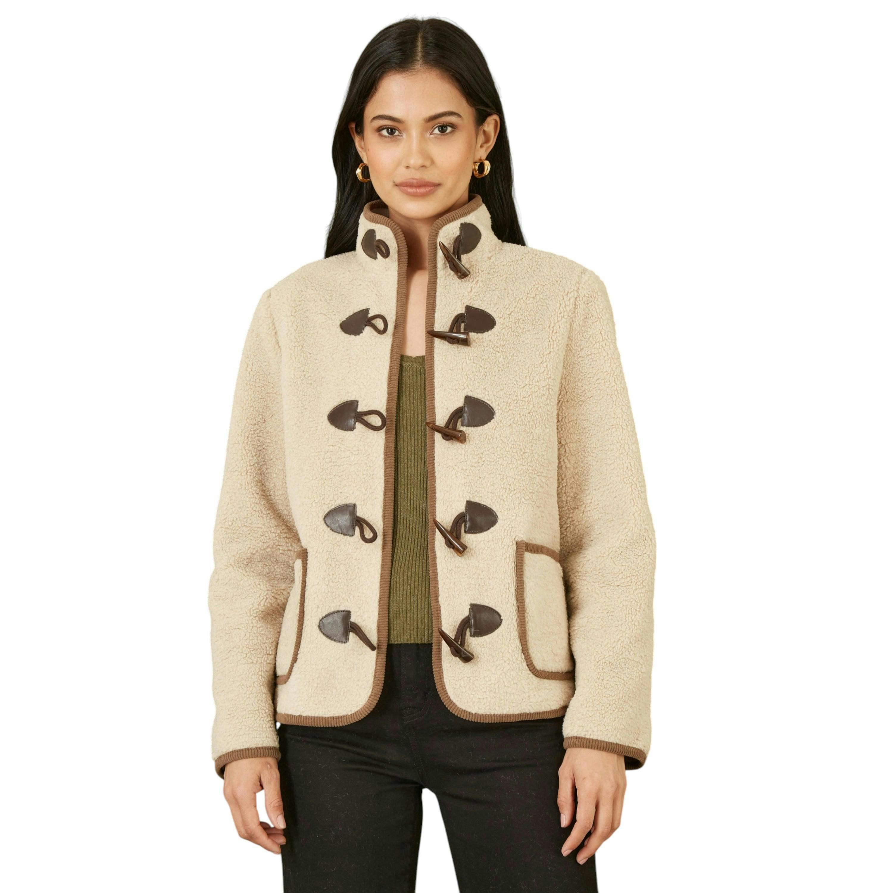 Yumi Cream Borg Jacket With Faux Leather Button Details , view 6 of 6