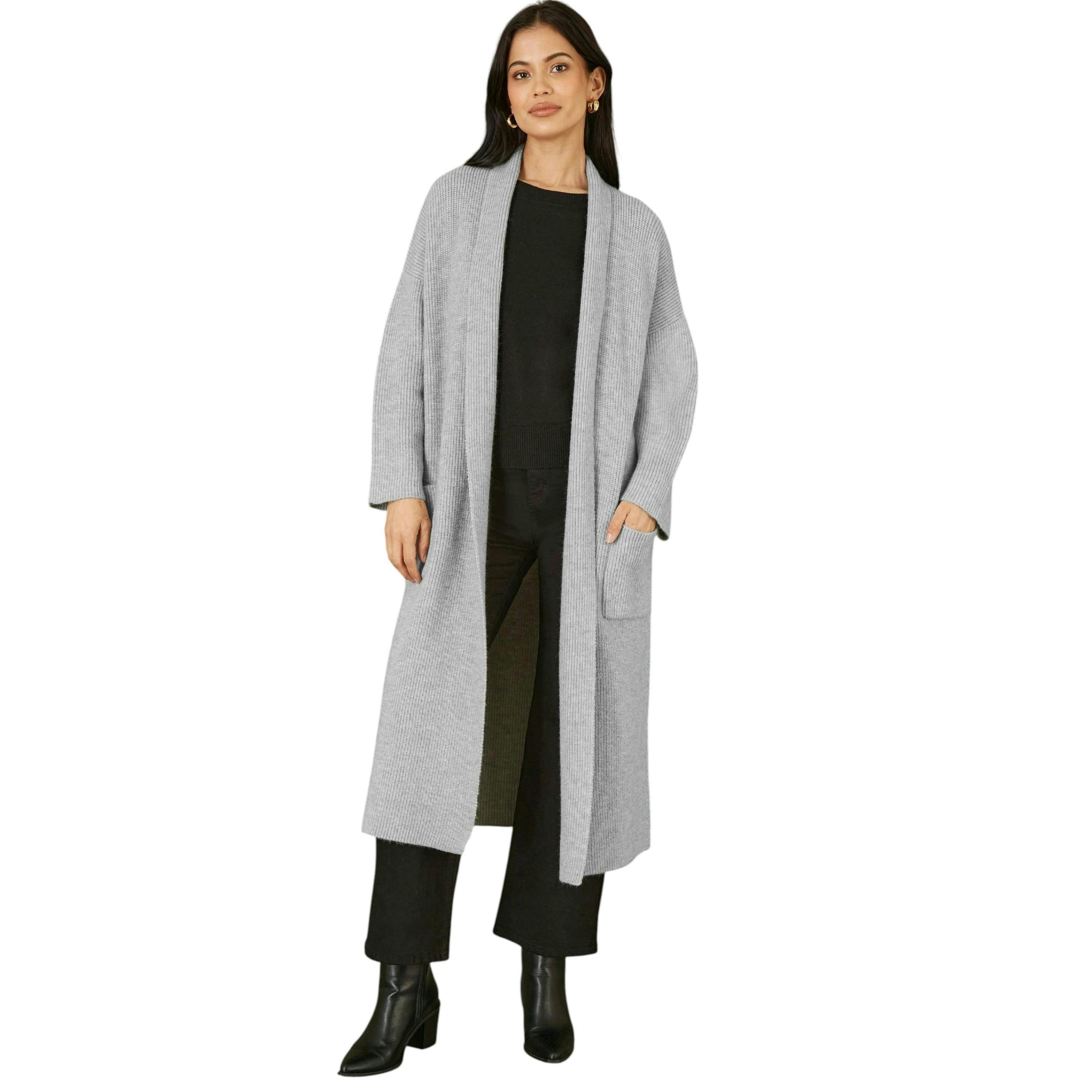 Yumi Grey Knitted Maxi Cardigan With Pockets , view 2 of 4