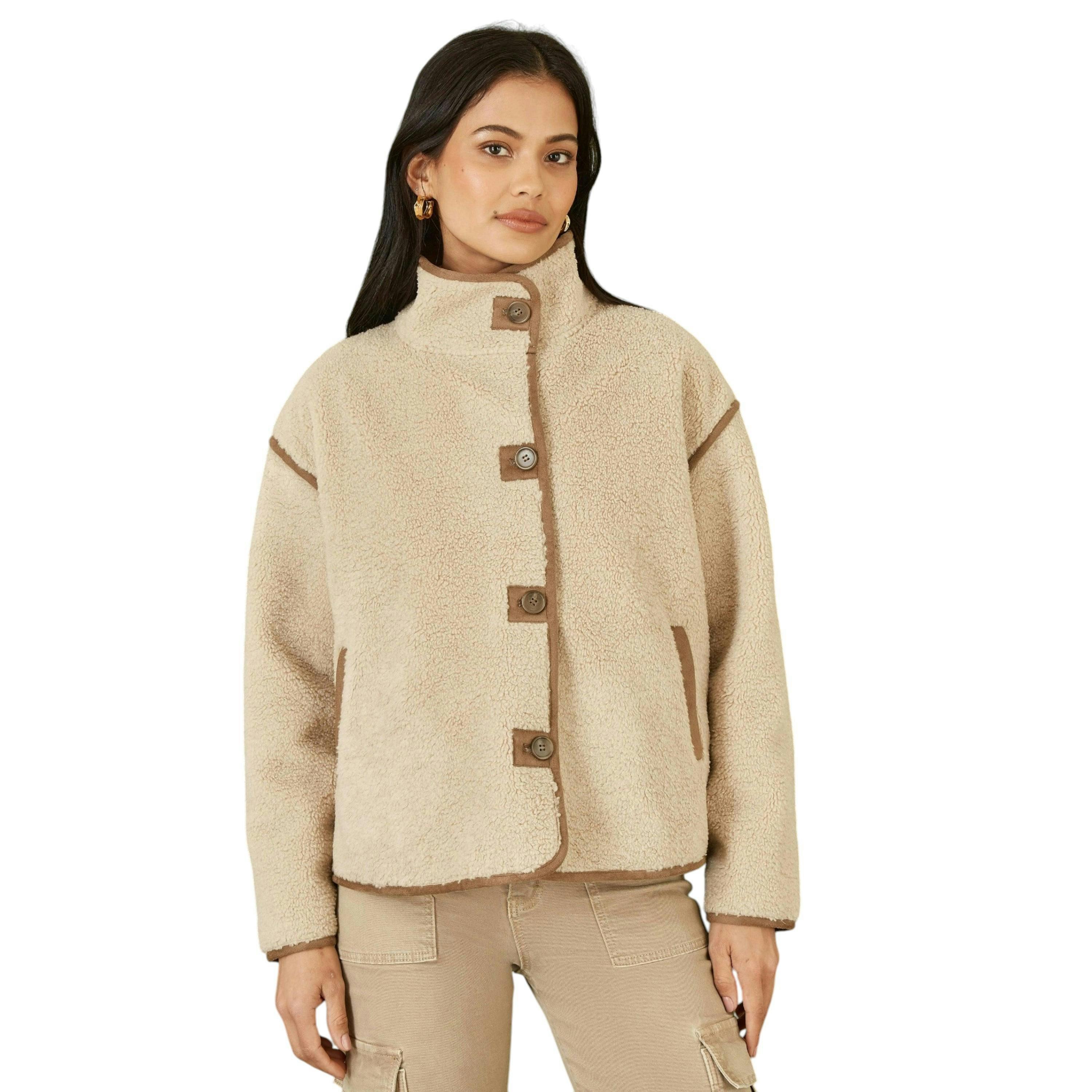 Yumi Cream Borg High Neck Jacket With Faux Leather Trims , view 1 of 4
