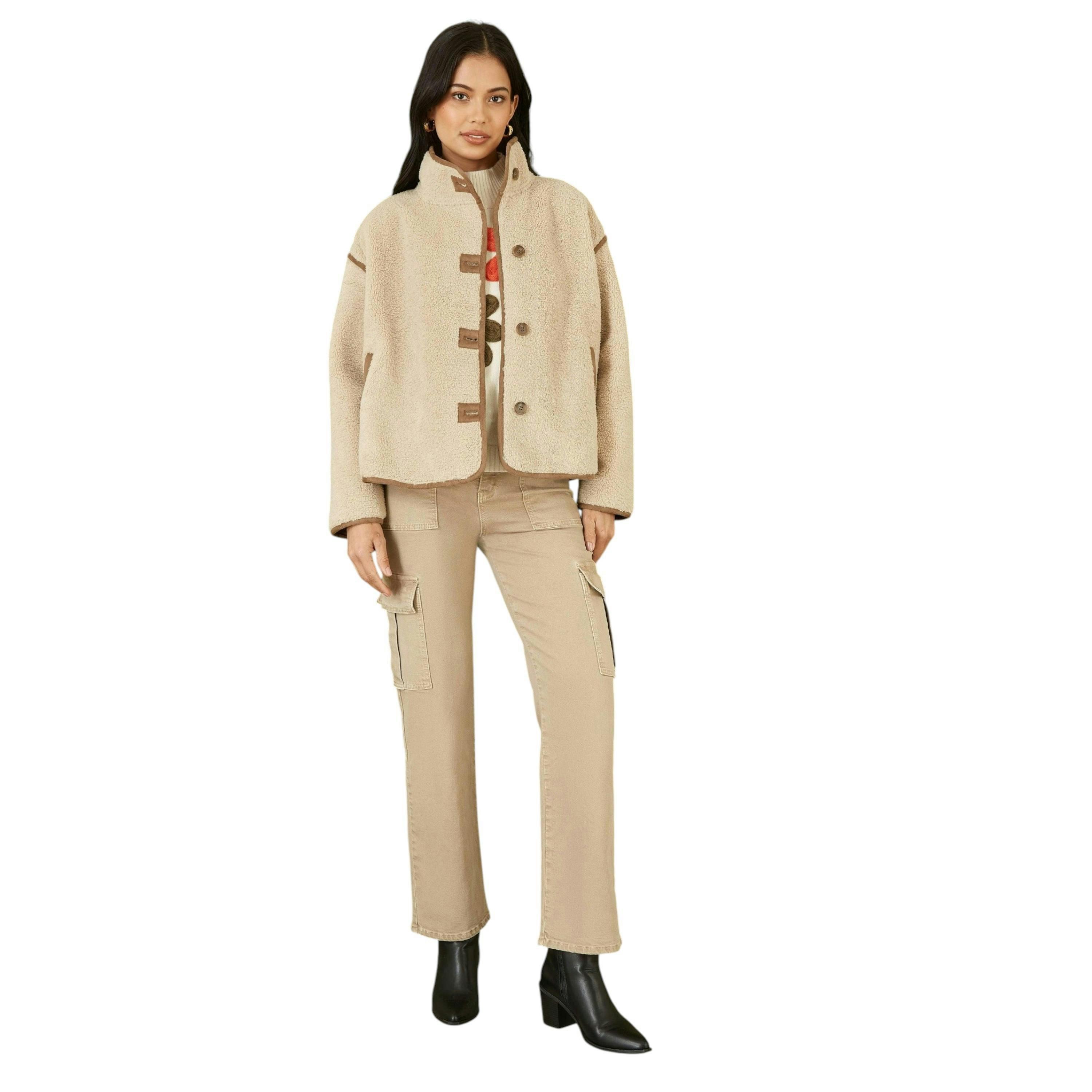 Yumi Cream Borg High Neck Jacket With Faux Leather Trims , view 2 of 4