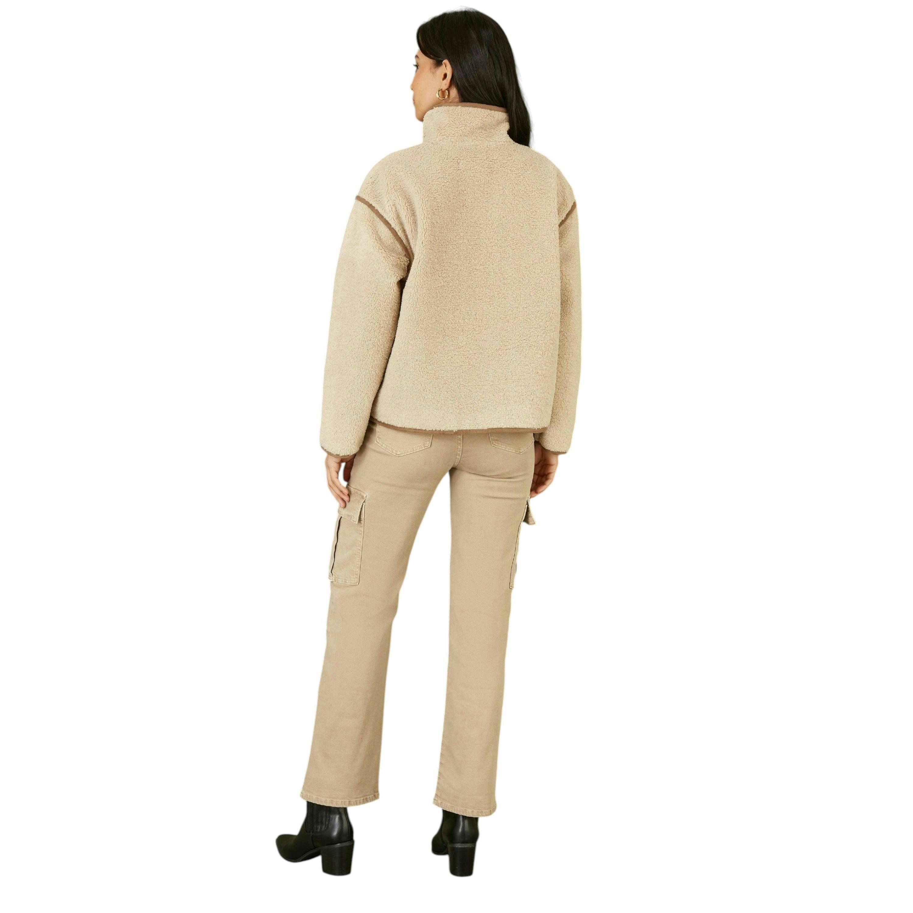 Yumi Cream Borg High Neck Jacket With Faux Leather Trims , view 4 of 4