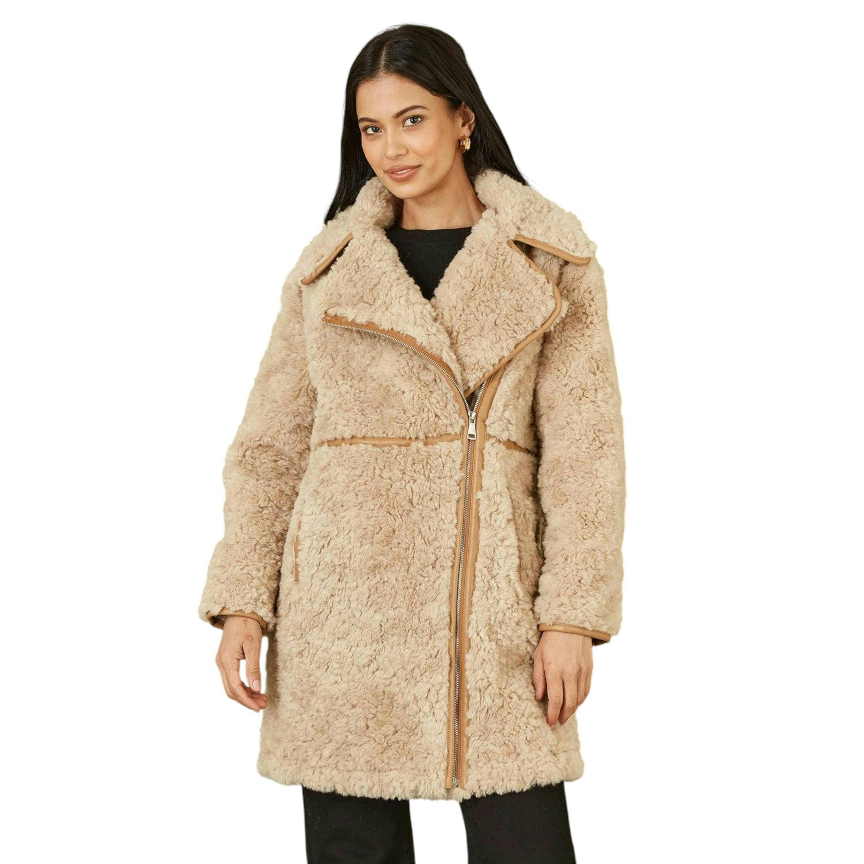 Yumi Brown Textured Borg Long Line Biker Coat , view 1 of 6