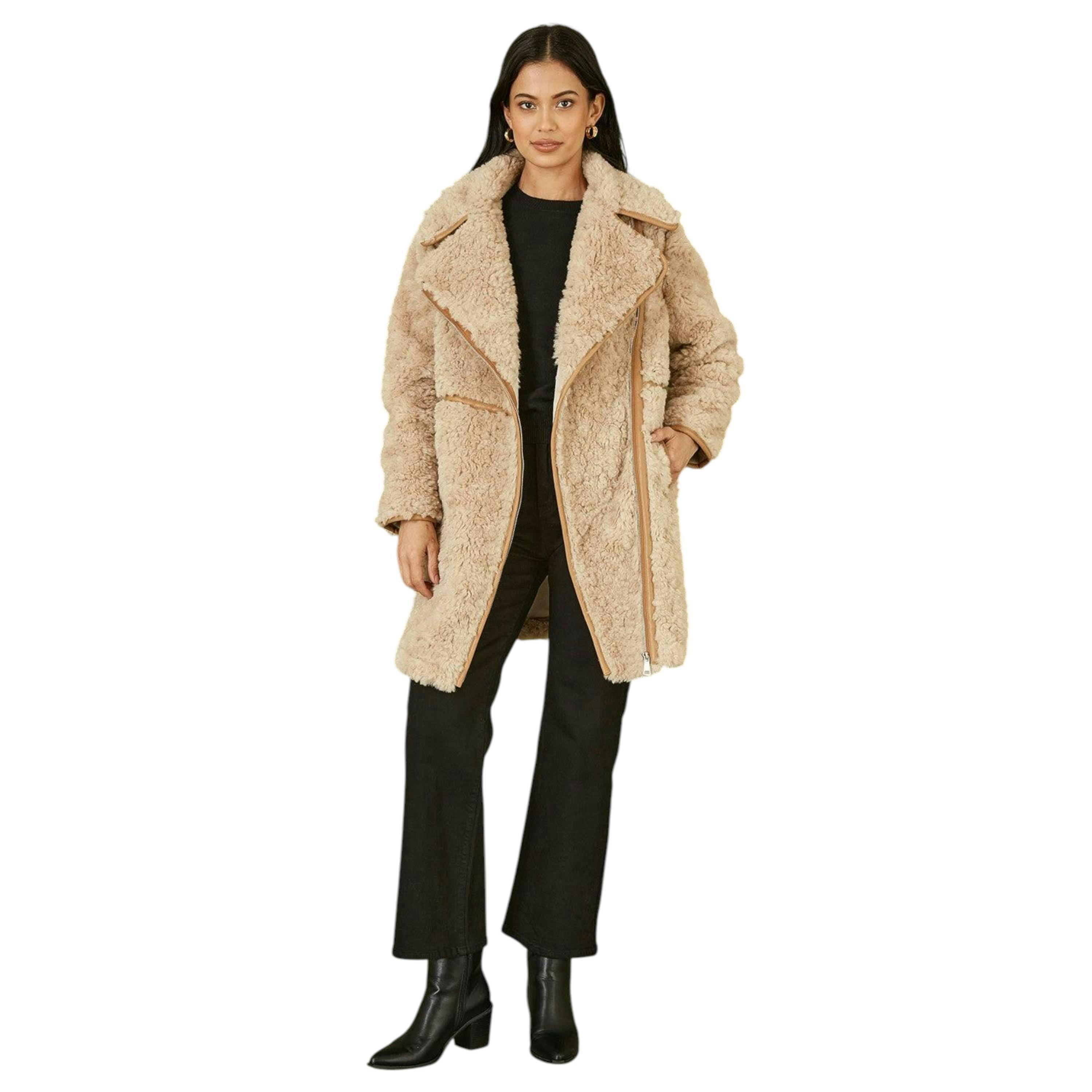 Yumi Brown Textured Borg Long Line Biker Coat , view 2 of 6