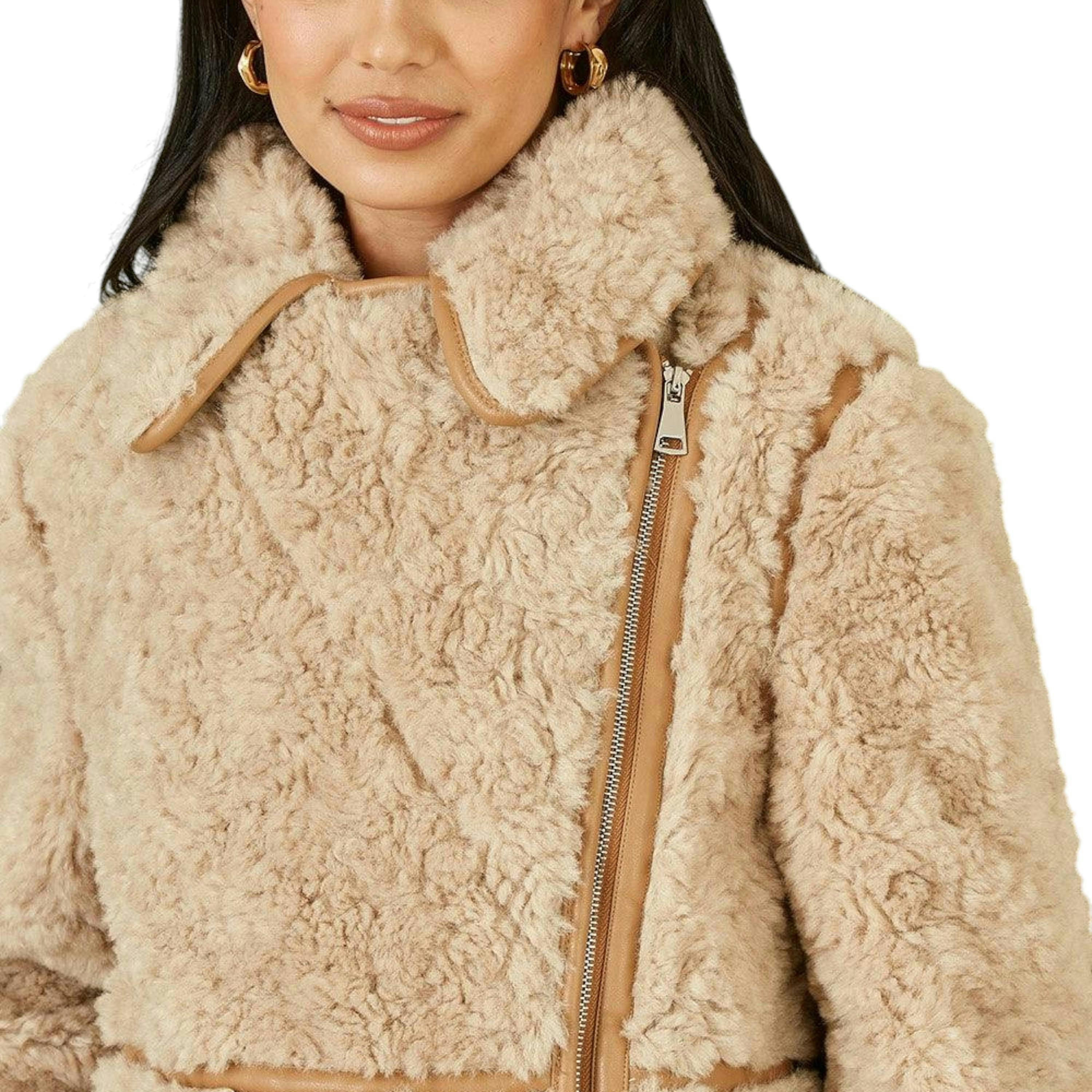 Yumi Brown Textured Borg Long Line Biker Coat , view 3 of 6