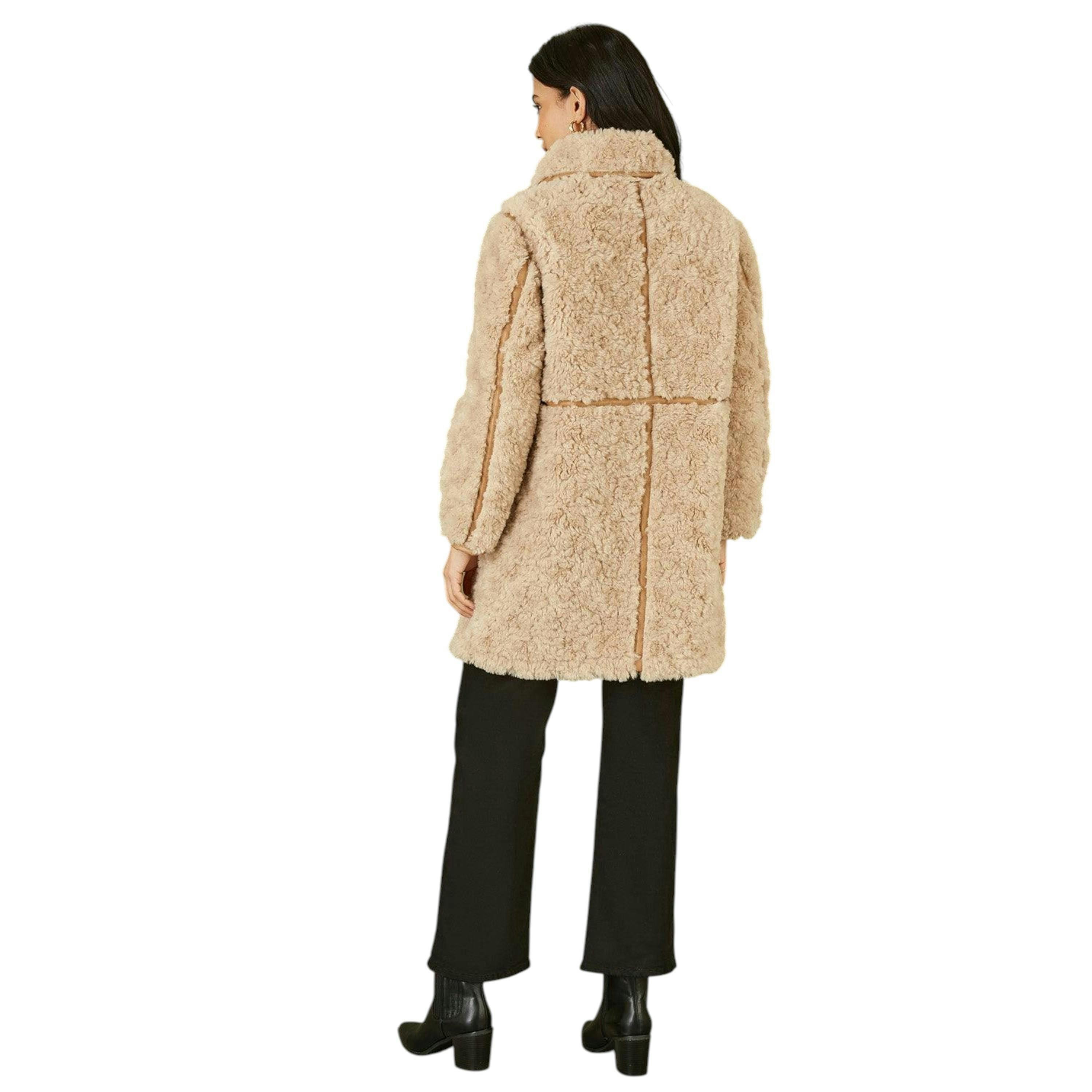 Yumi Brown Textured Borg Long Line Biker Coat , view 4 of 6