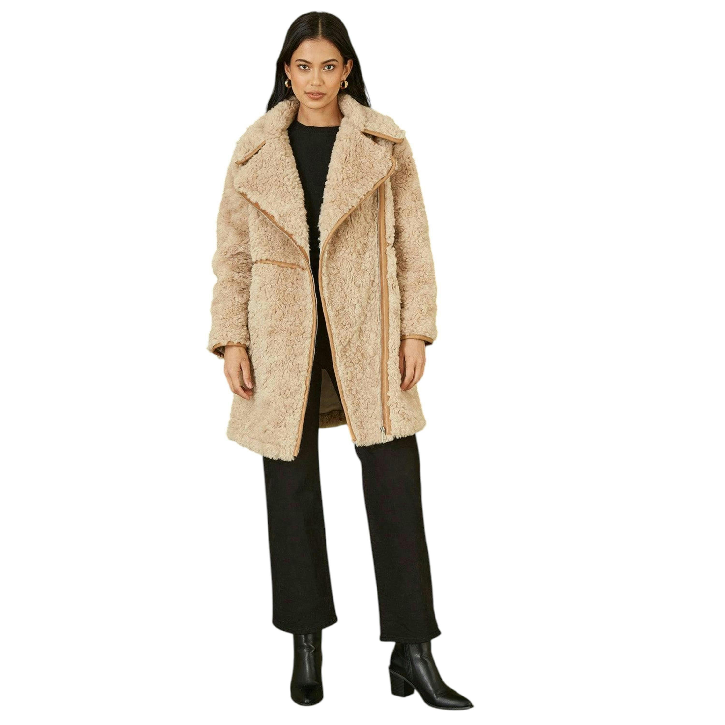 Yumi Brown Textured Borg Long Line Biker Coat , view 5 of 6
