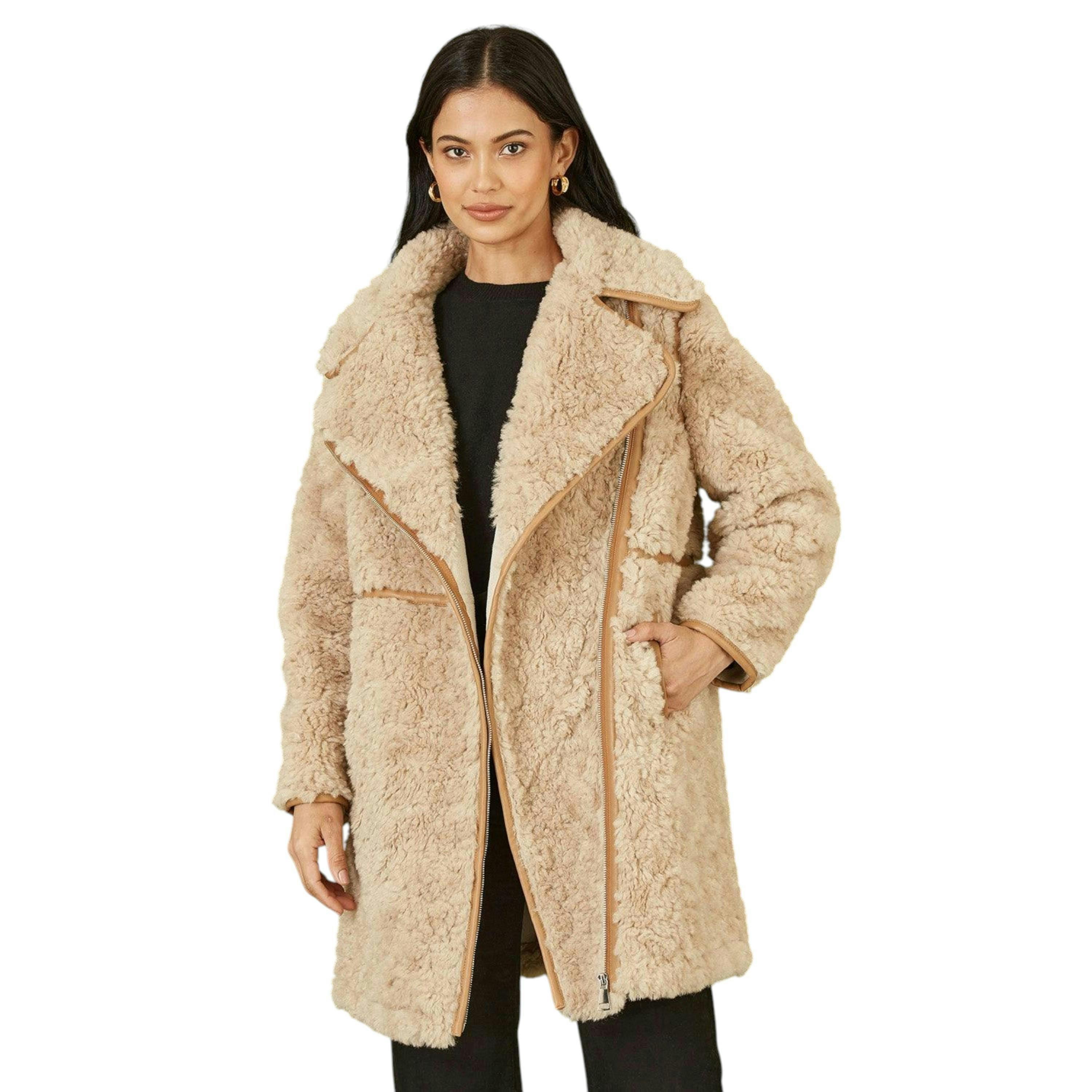 Yumi Brown Textured Borg Long Line Biker Coat , view 6 of 6