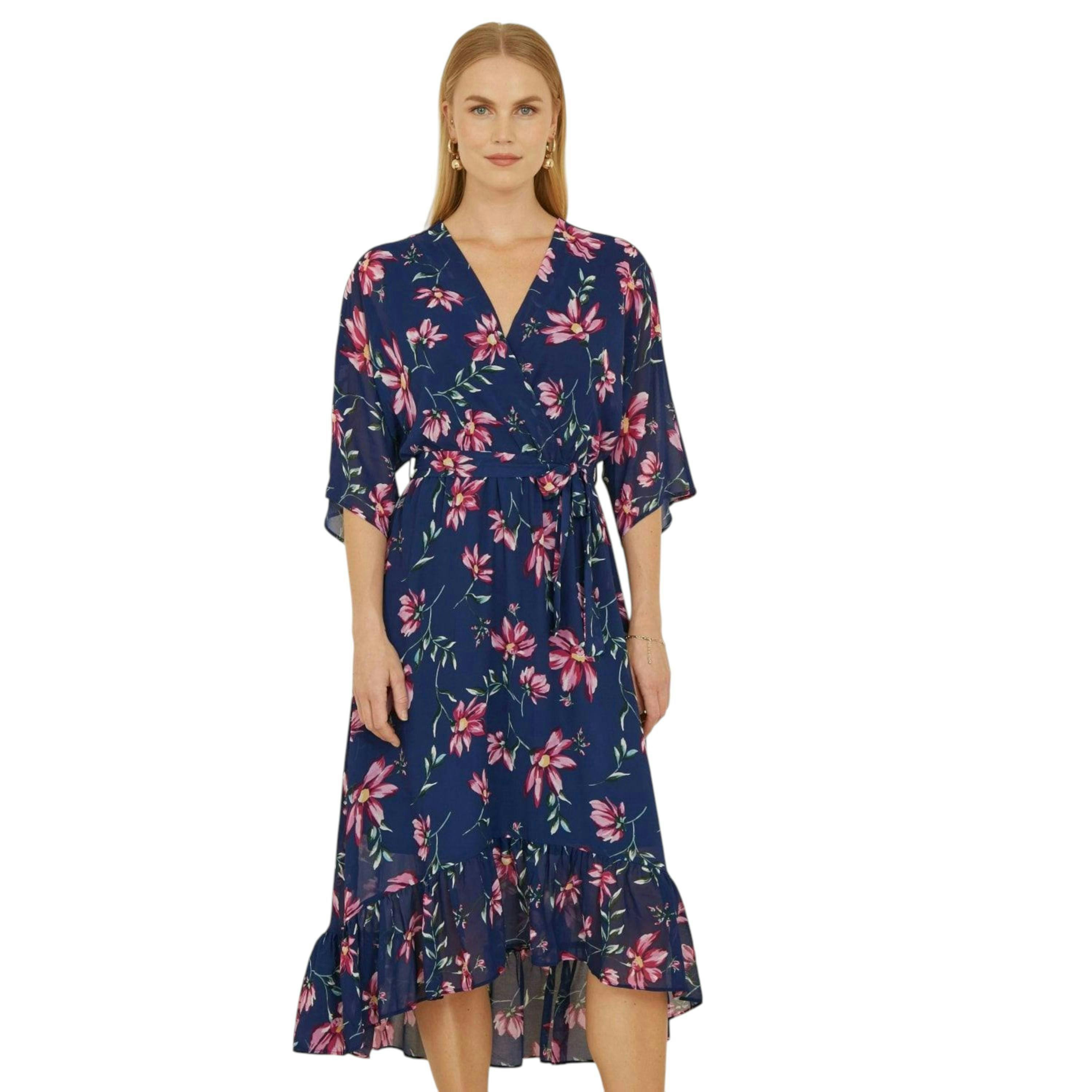 Yumi Navy Floral Kimono Dipped Hem Dress , view 2 of 6